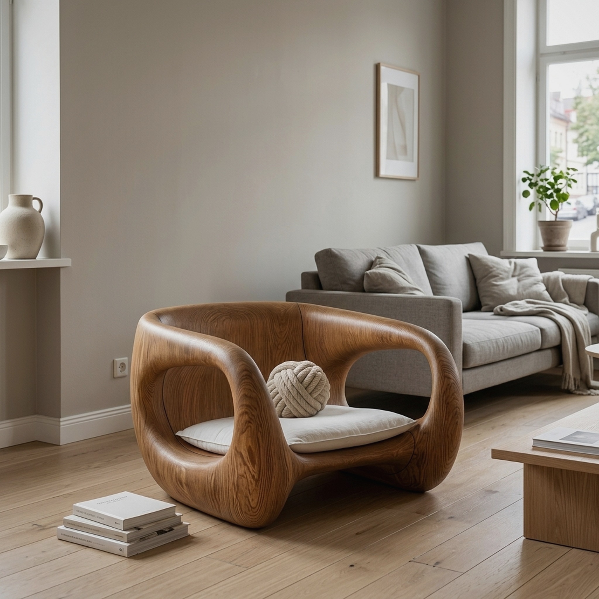 Contemporary Sculptural Chair with Flowing Armrest Design for Living Room
