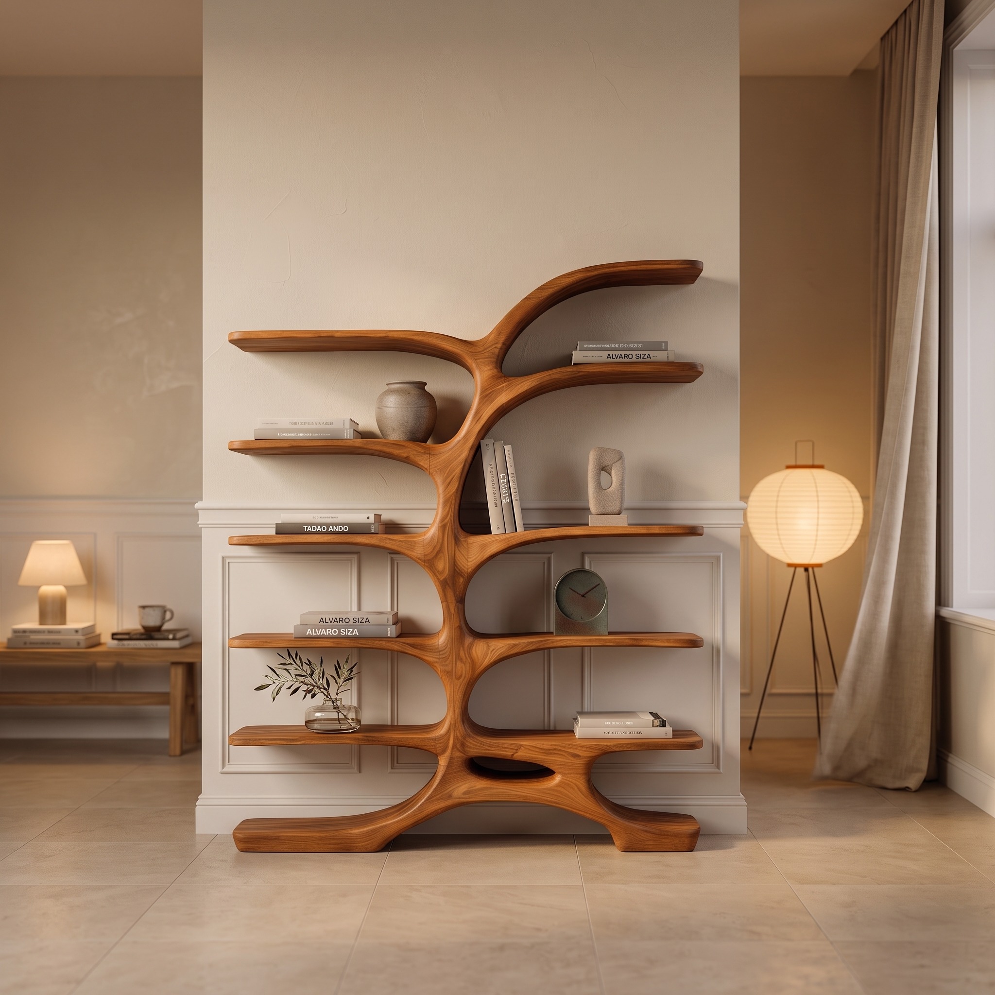 Contemporary Sculptural Curved Bookshelf, Handcrafted Solid Wood Arch Geometric Bookcase & Display Rack Organizer