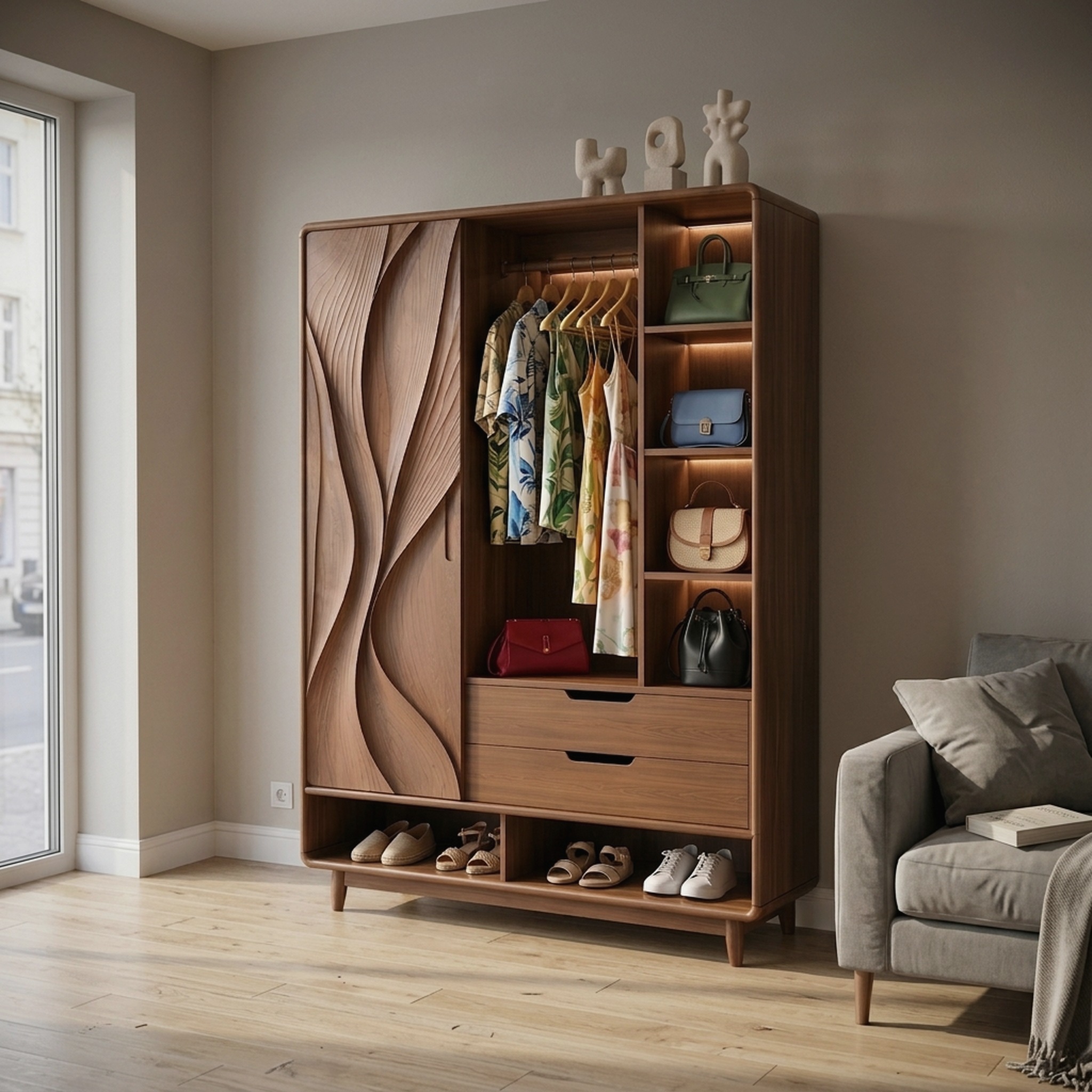 Contemporary Sculptural Form Armoire for Luxury Bedroom Interior