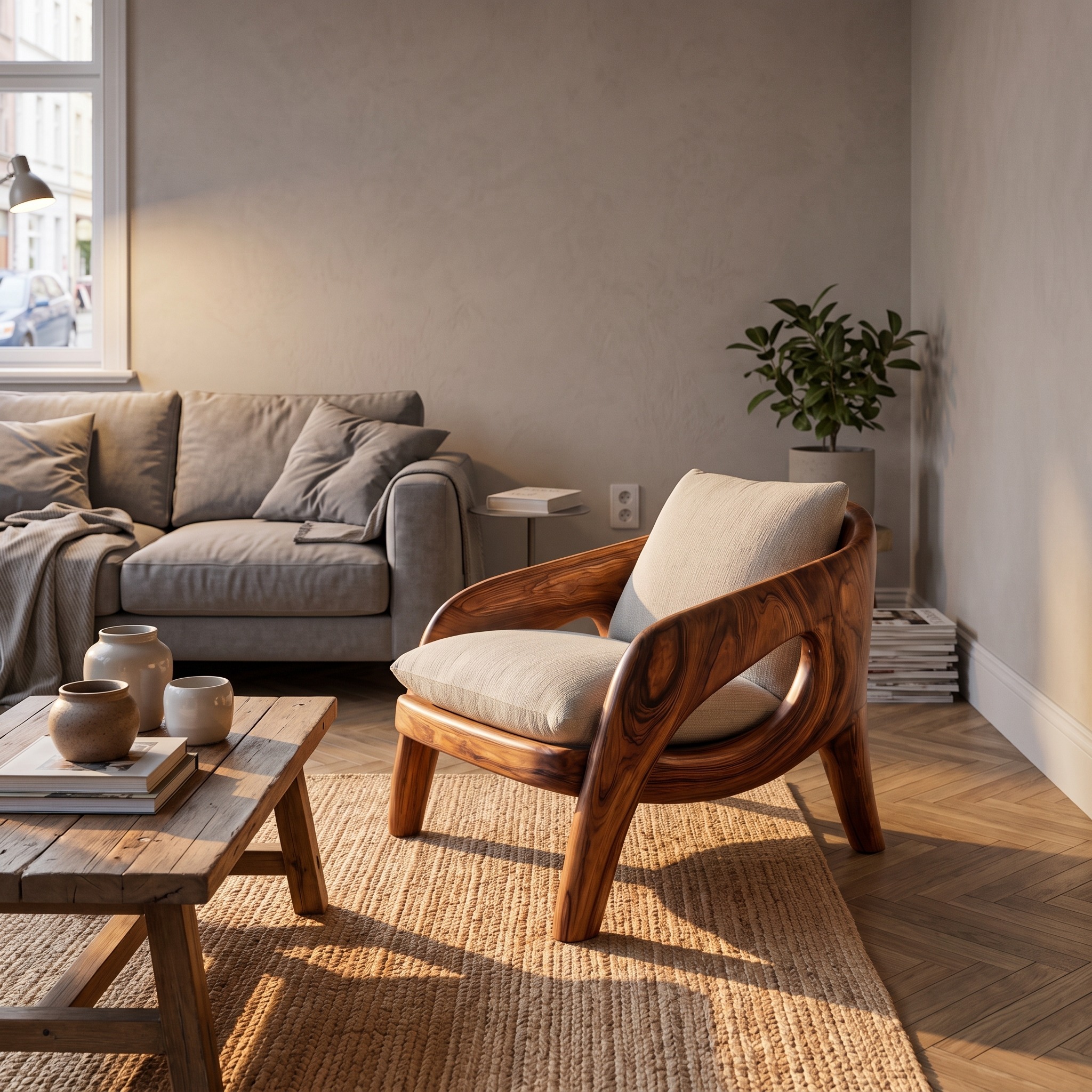 Contemporary Sculptural Lounge Chair, Handcrafted Solid Wood Accent Armchair for Living Room & Parlor
