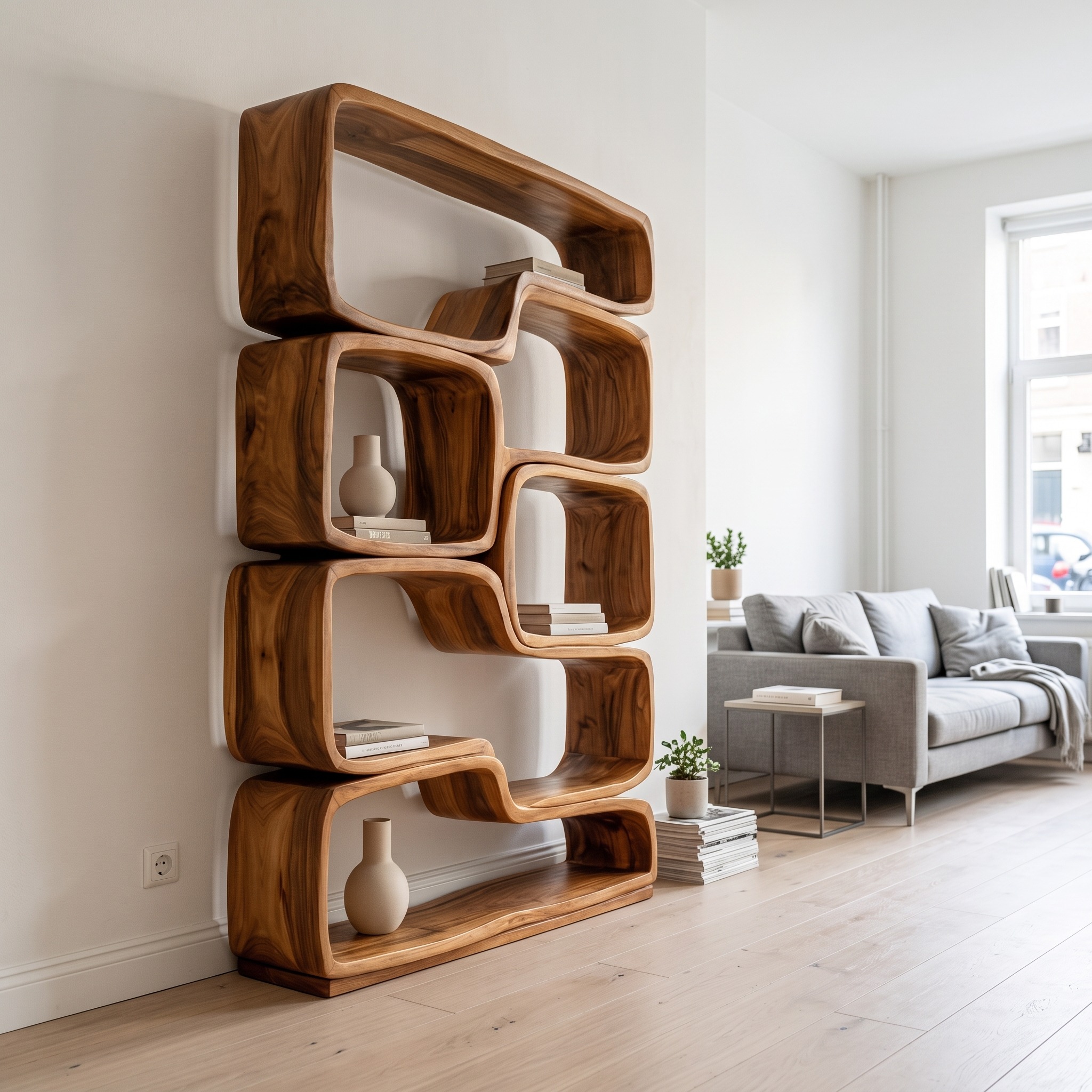 Contemporary Sculptural Natural Wood Bookshelf, Handcrafted Solid Wood Bookcase for Modern Living Room & Office