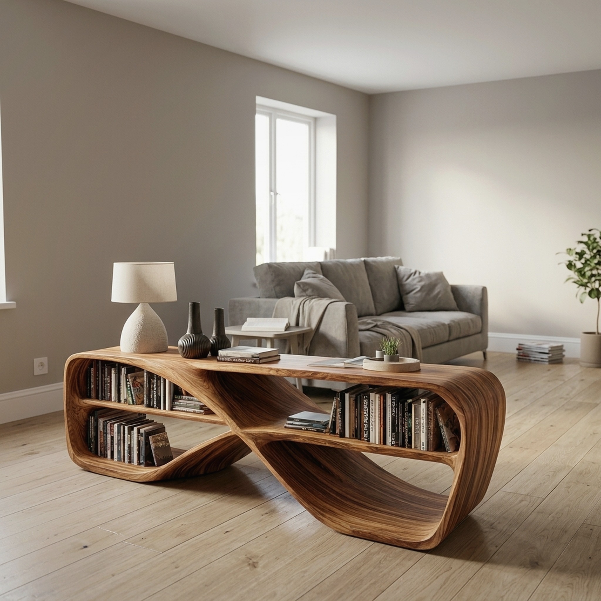 Contemporary Sculptural Natural Wood Console Table for Living Room