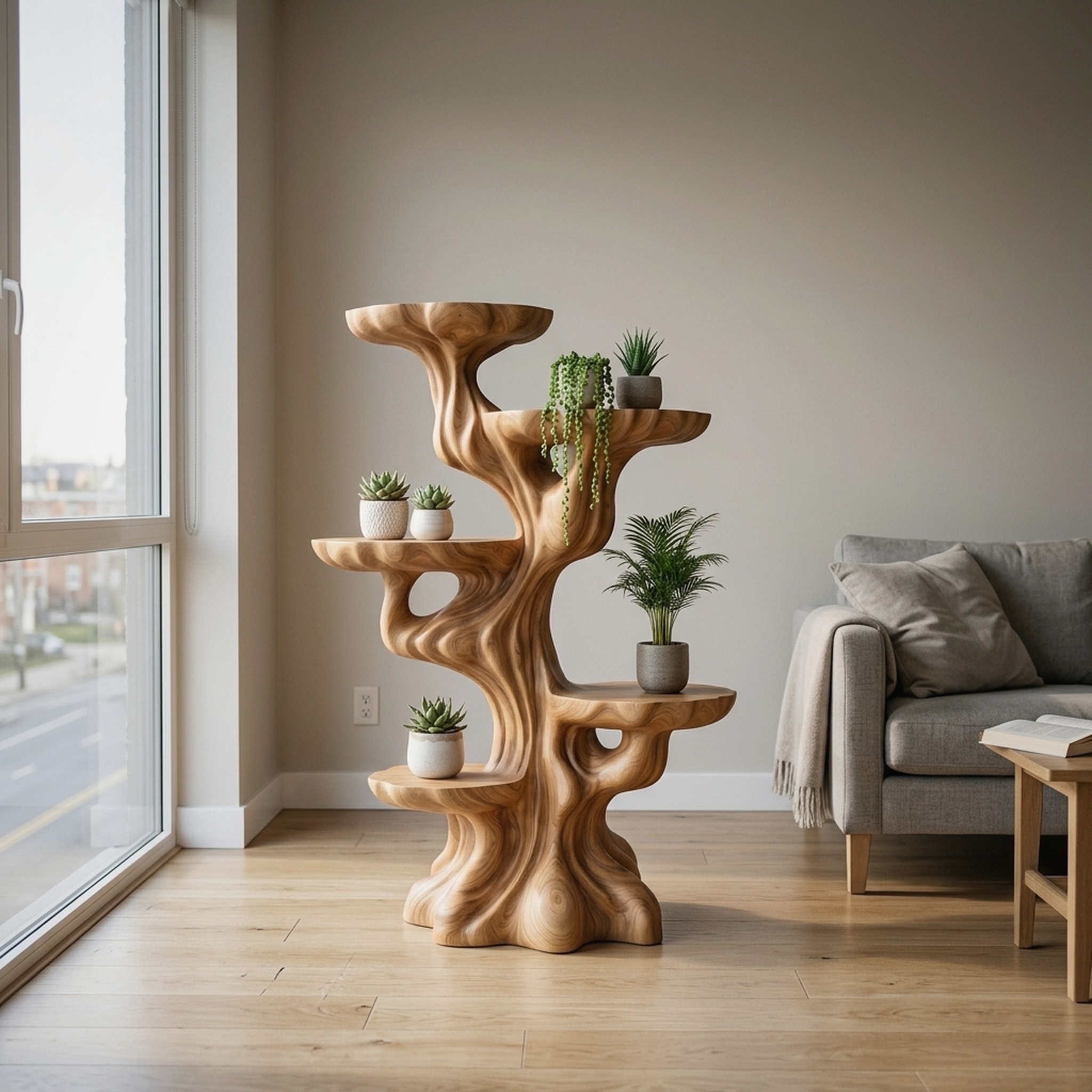 Contemporary Sculptural Plant Stand with Tiered Tree for Entryway