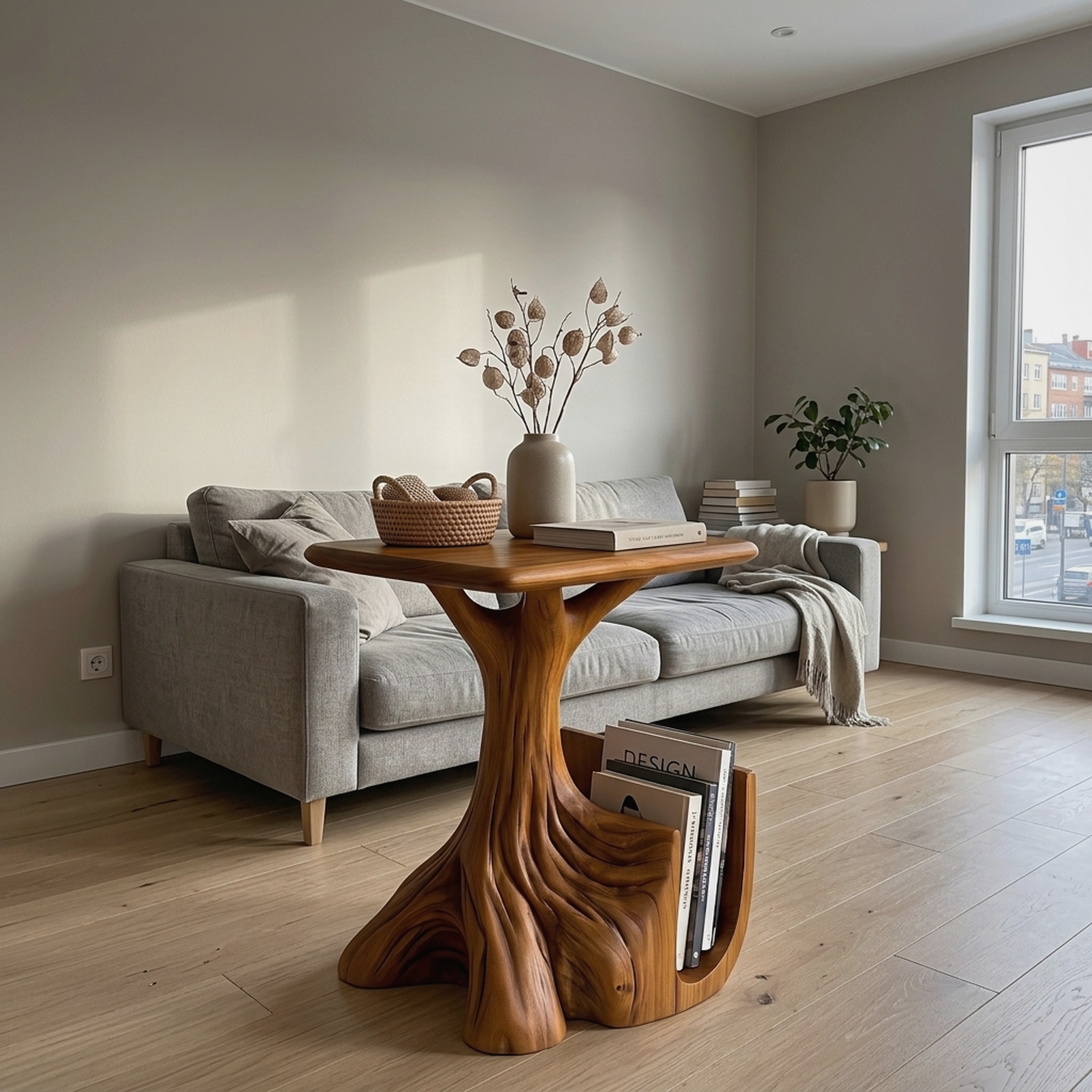 Contemporary Sculptural Side Table with Tree Inspired Base for Living Room