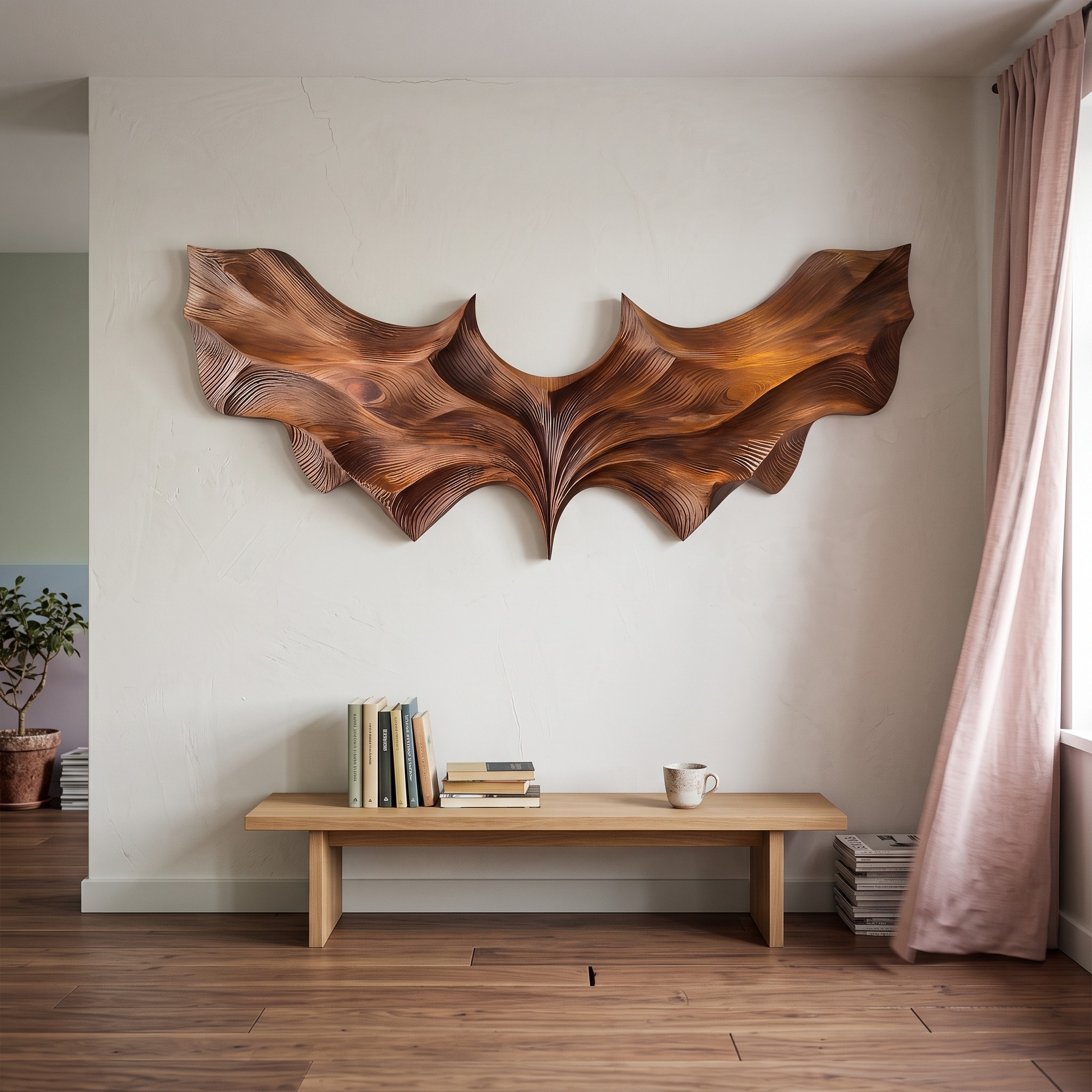 Contemporary Sculptural Wood Bat Wall Art, Abstract Hand-Carved Hanging Sculpture for Living Room