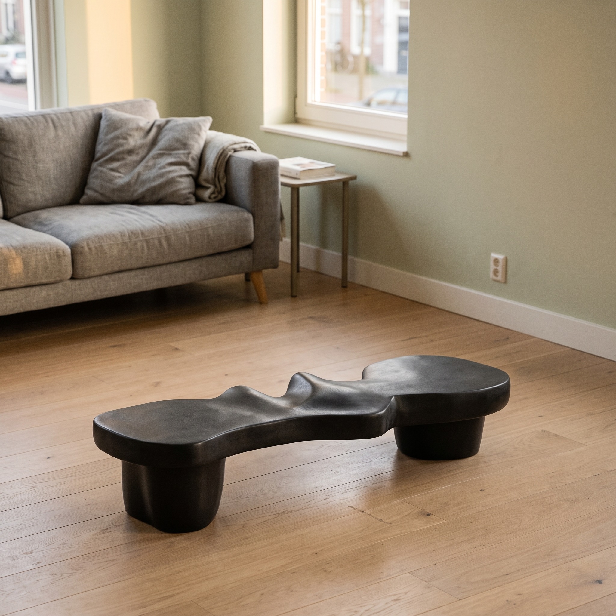Contemporary Sculptural Wood Bench for Modern Living Room, Lobby, or Art Gallery, Solid Wood Accent Seating Bench