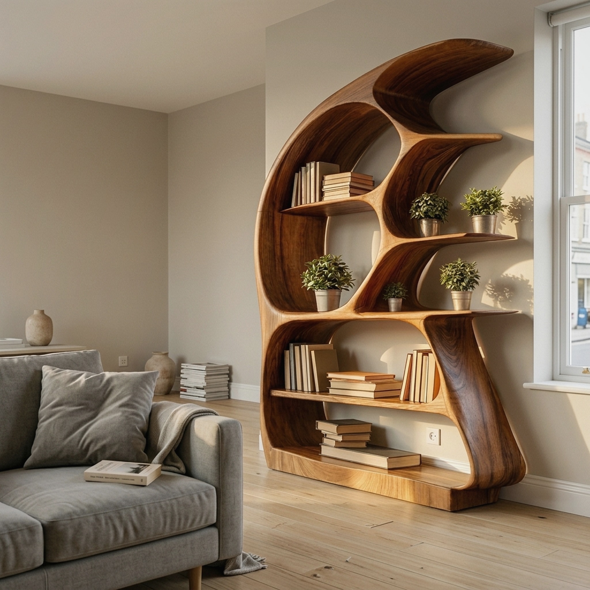 Contemporary Sculptural Wood Bookshelf for Living Room Decor
