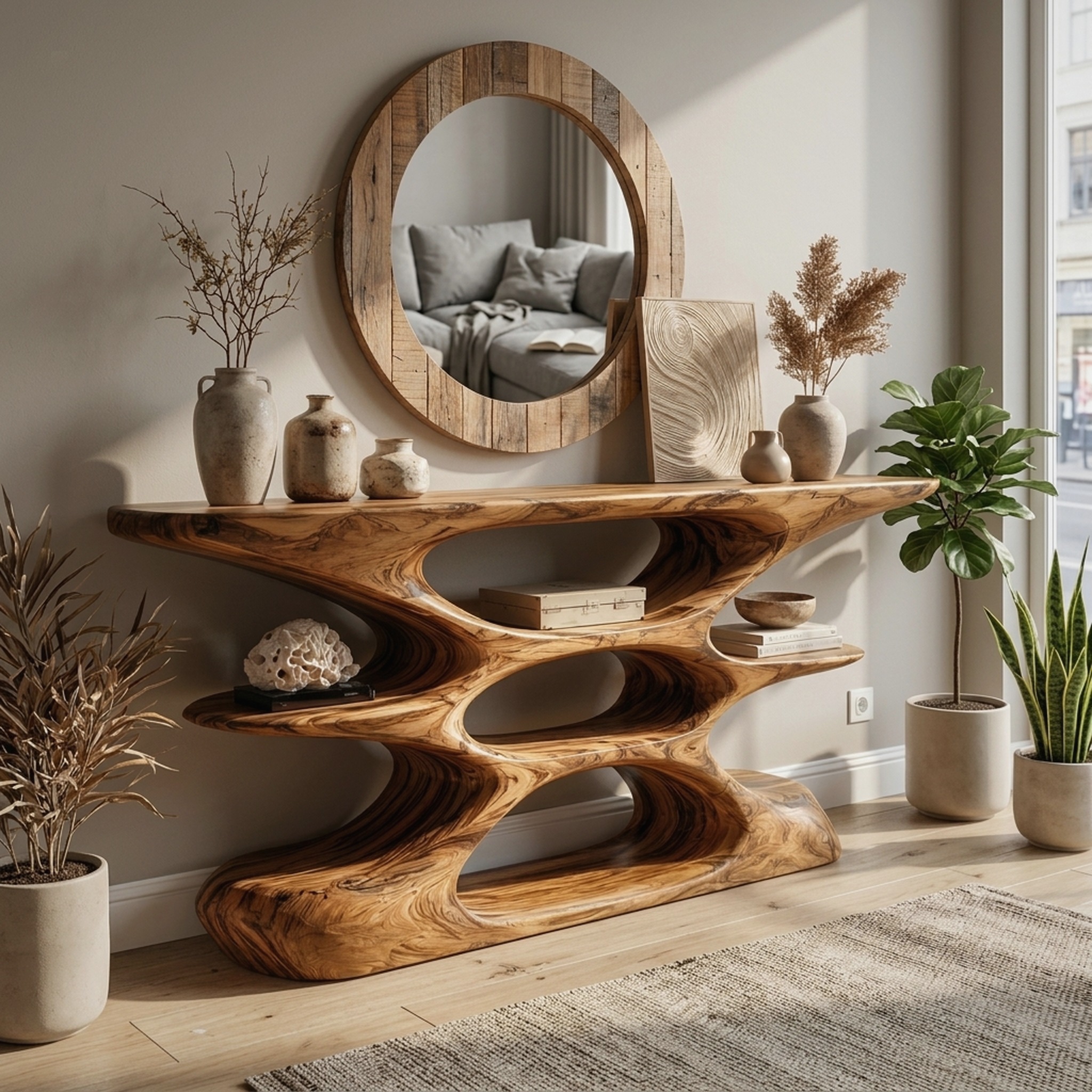Contemporary Sculptural Wood Console Table with Cutout Shelves for Living