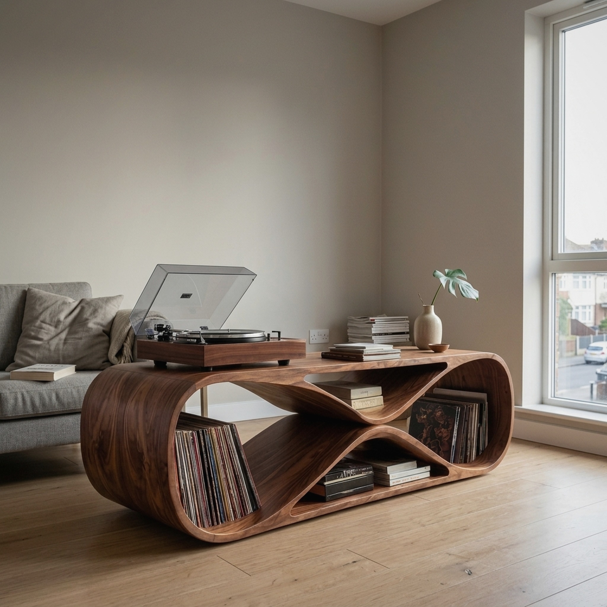 Contemporary Sculptural Wooden Record Player Console for Living Room