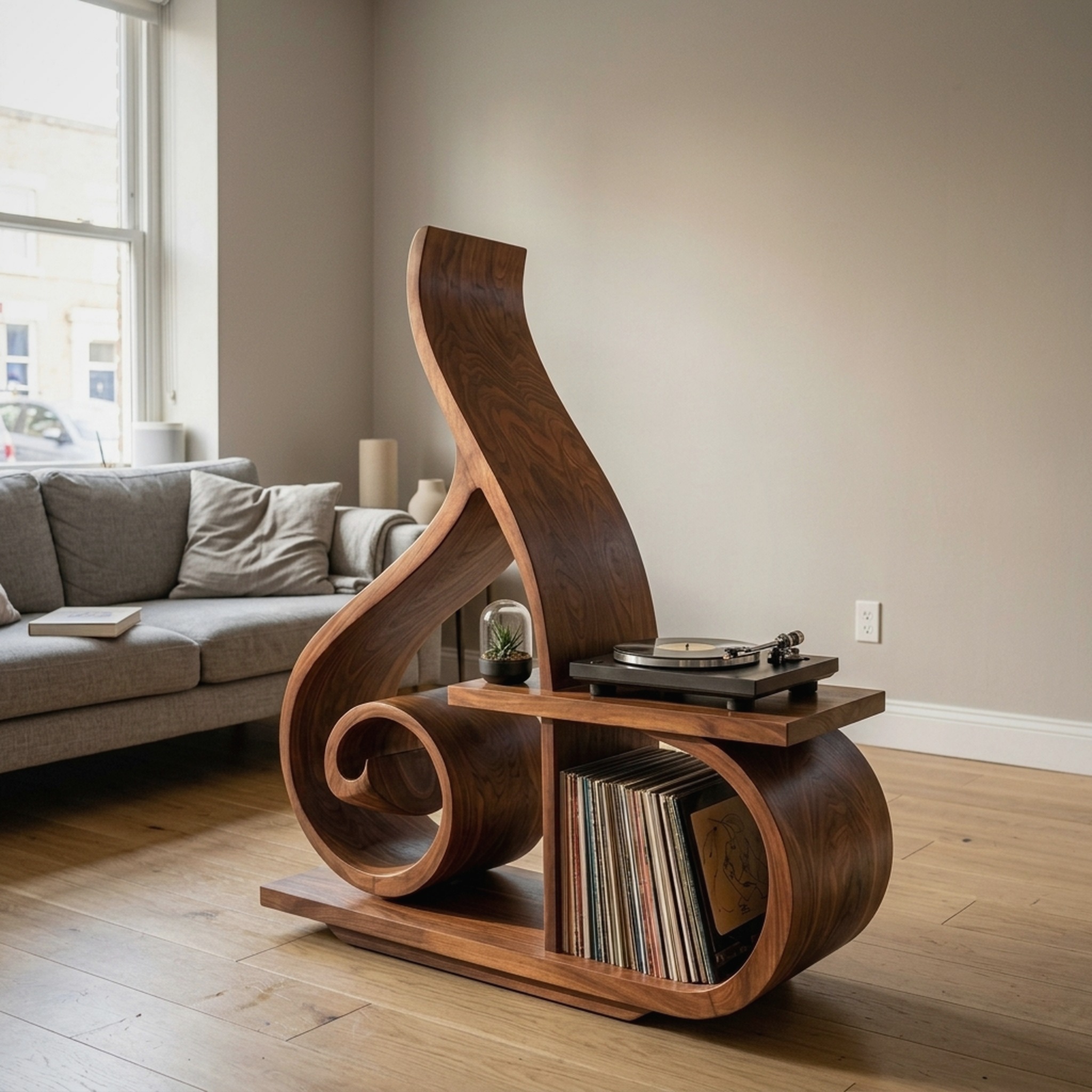 Contemporary Sculptural Wooden Record Player Stand for Living Room