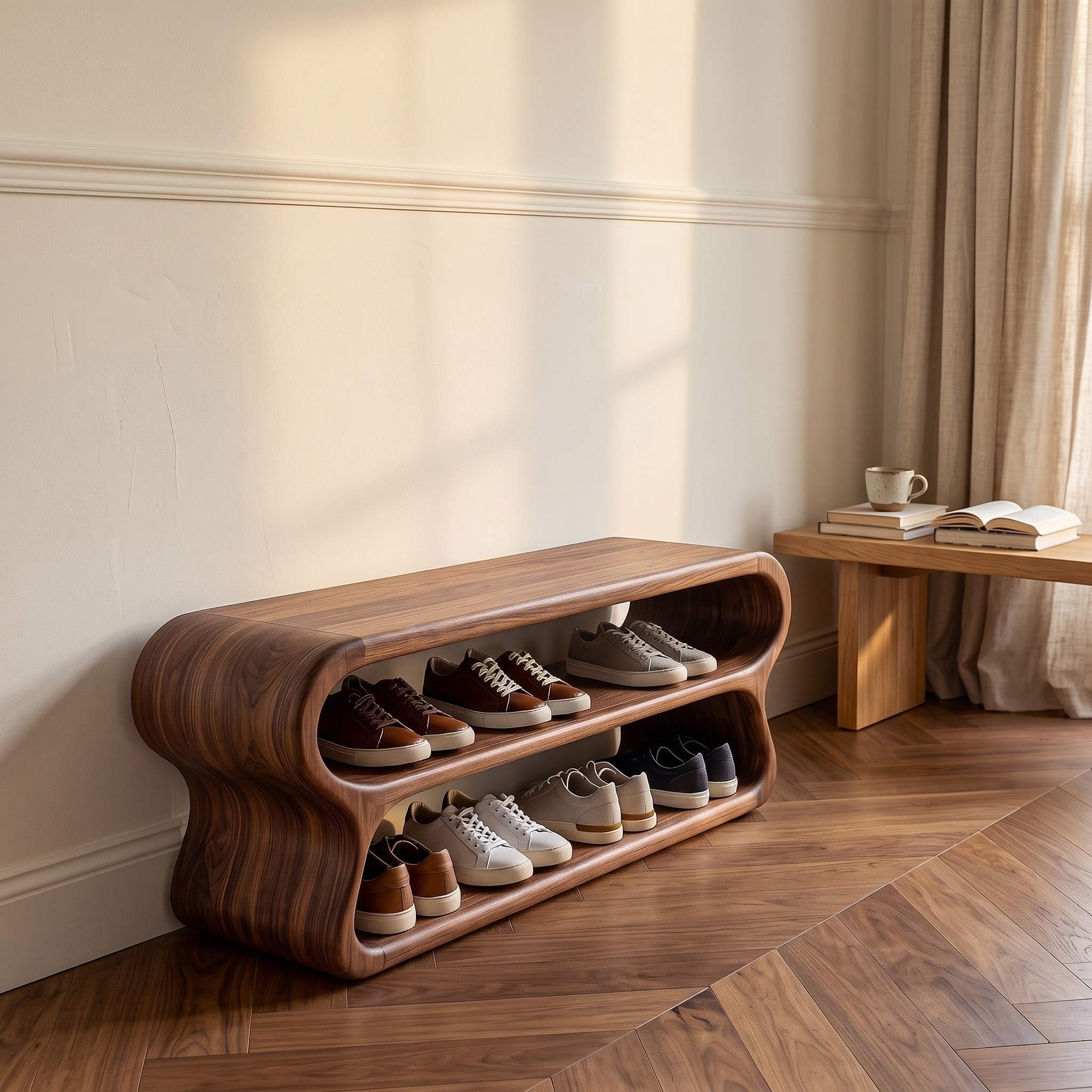 Contemporary Shoe Bench with Open Storage Compartments, Wood Hallway Mudroom Seating