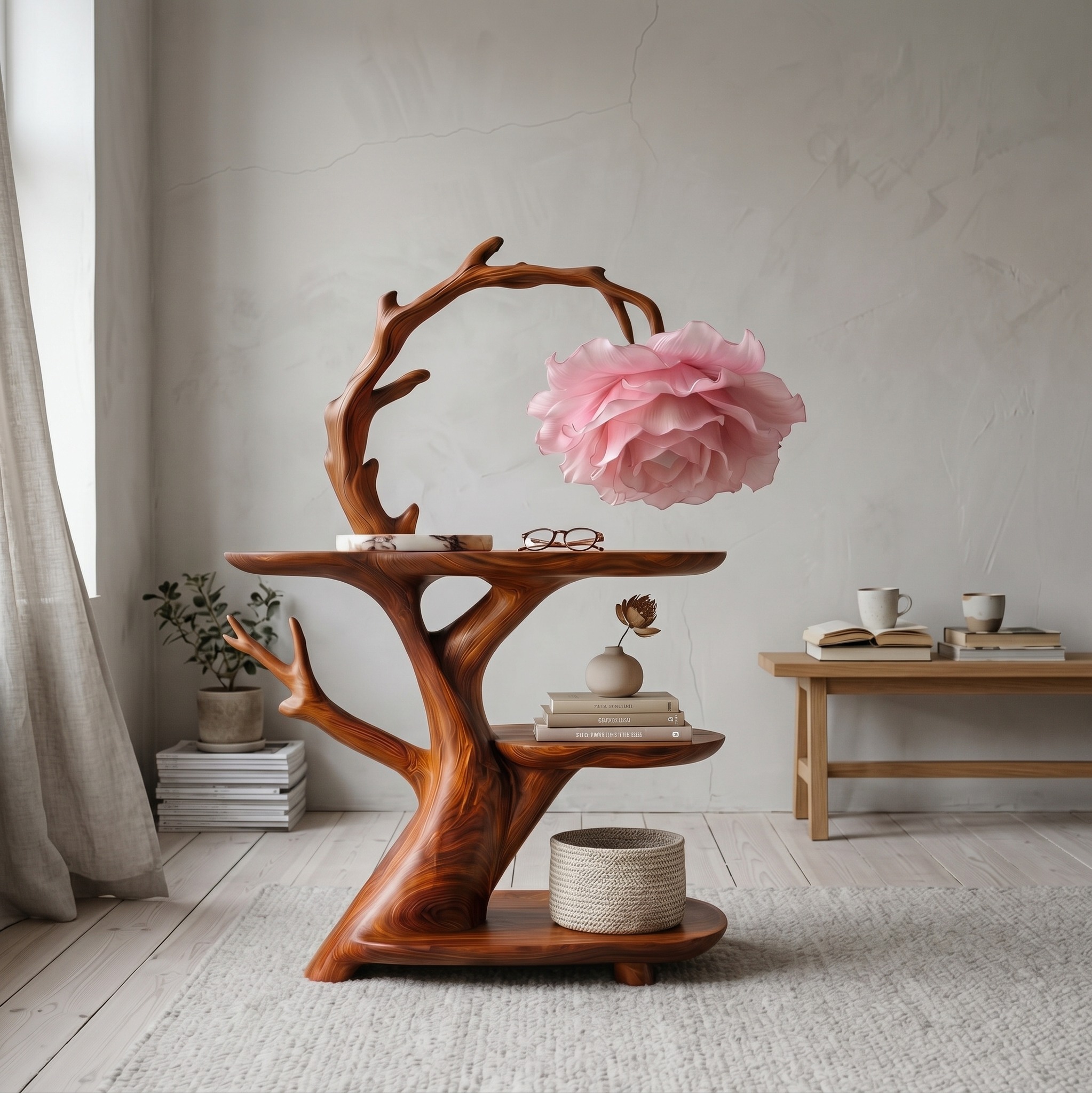 Contemporary Side Table with Floral Accent Lamp, Handcrafted Solid Wood Bedside Nightstand for Bedroom