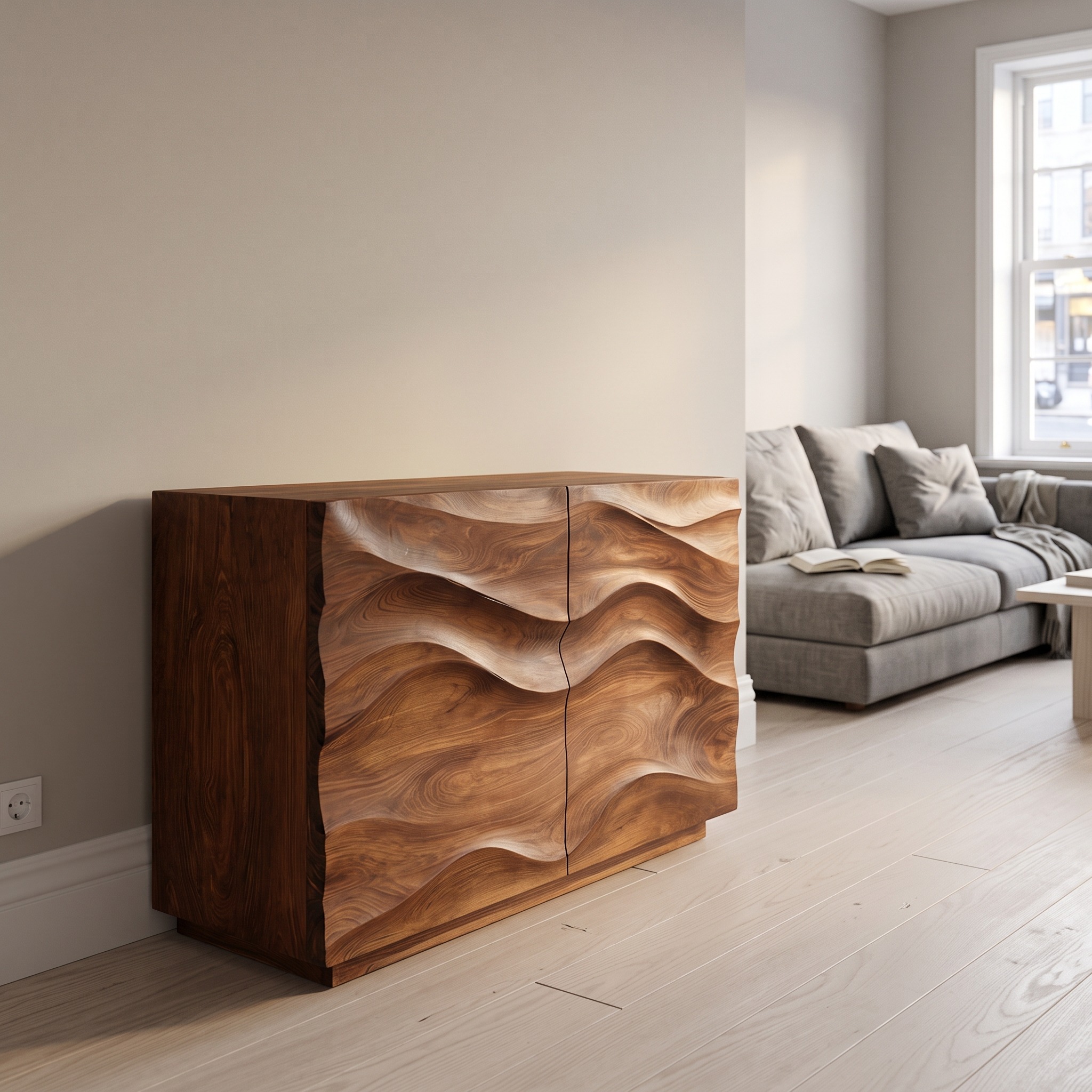 Contemporary Sideboard Sculptural Carved Cabinet, Handcrafted Wood Credenza Storage Console for Living Room, Model