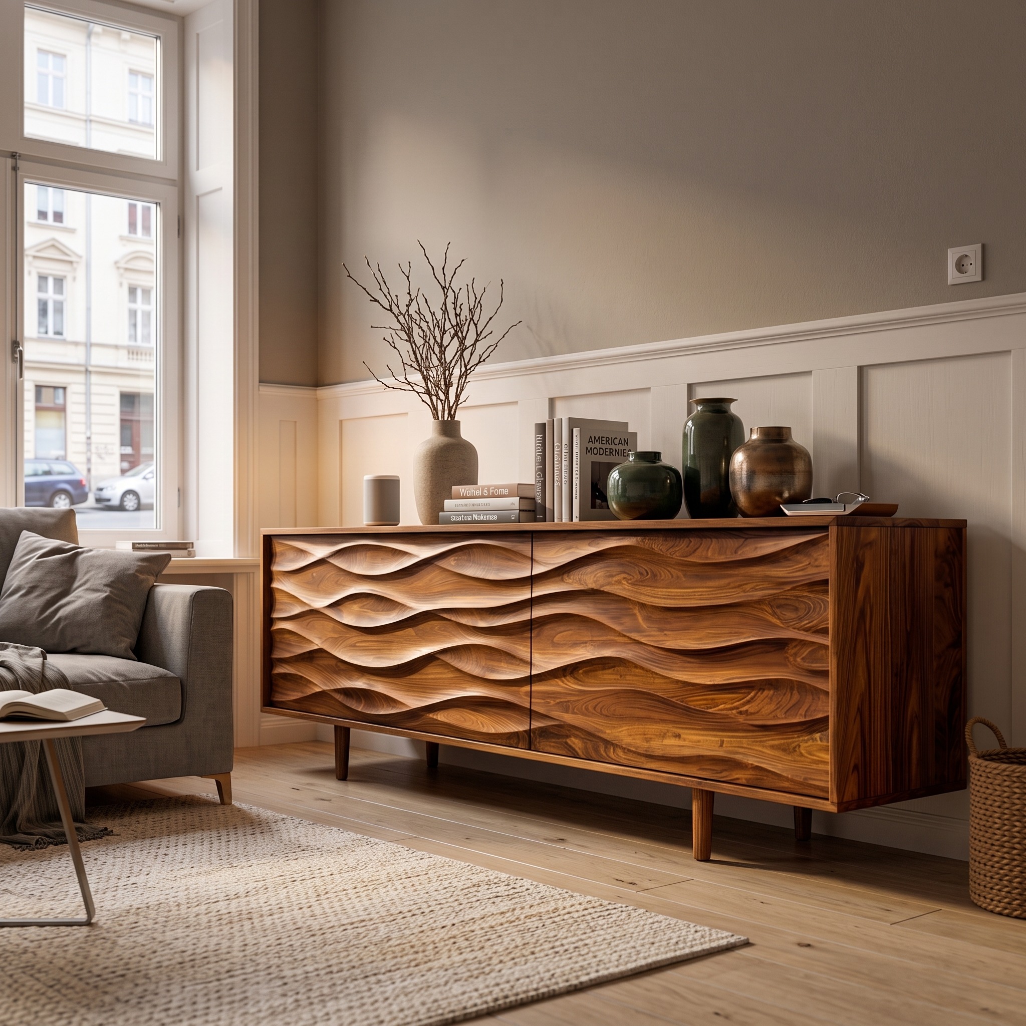 Contemporary Sideboard with Carved Wave Front Panels, Handcrafted Solid Wood Credenza Buffet Cabinet for Home, Model