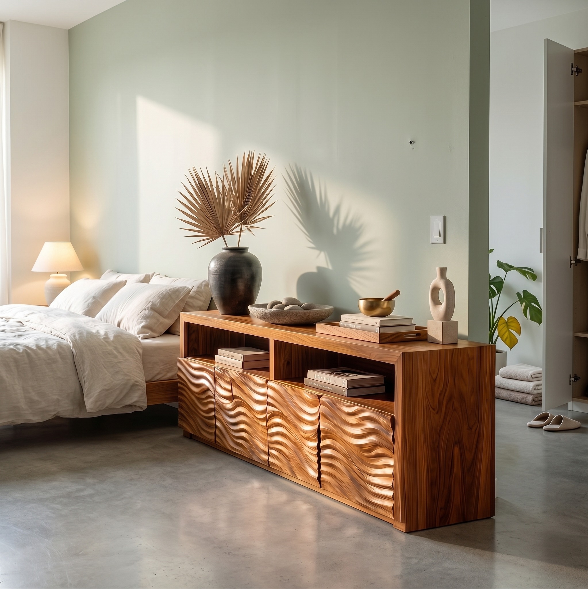 Contemporary Sideboard with Geometric Carved Wood Doors & Functional Storage Cabinet, Living Room Credenza