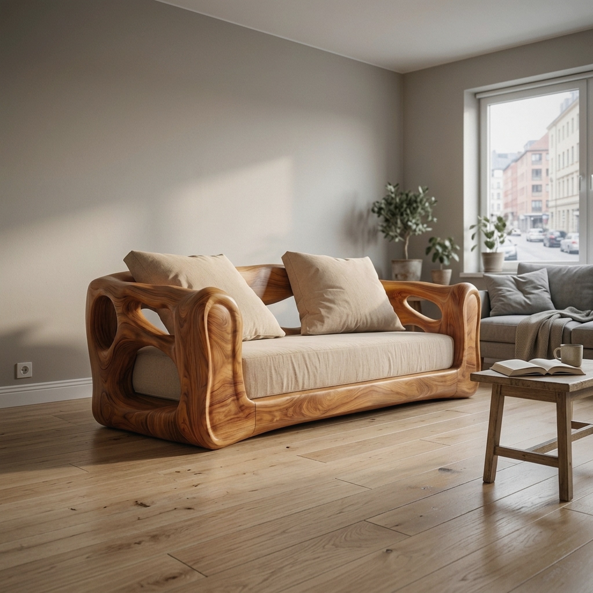Contemporary Sofa Frame with Organic Flowing Wood Design for Living Room