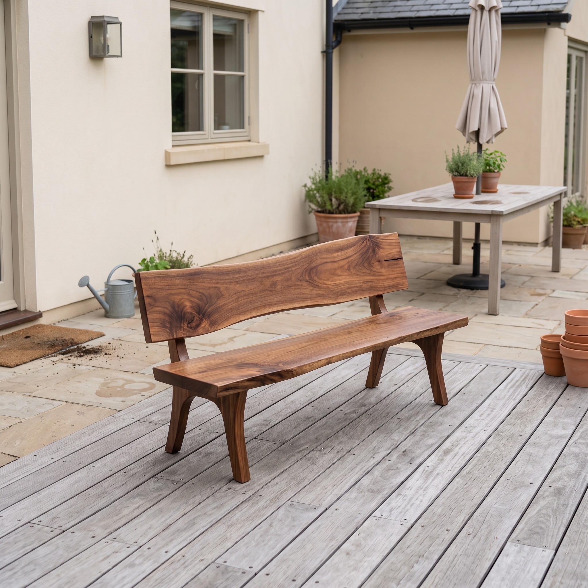 Contemporary Solid Wood Bench with Sculpted Backrest for Outdoor Patio, Courtyard & Garden Seating, Natural Finish