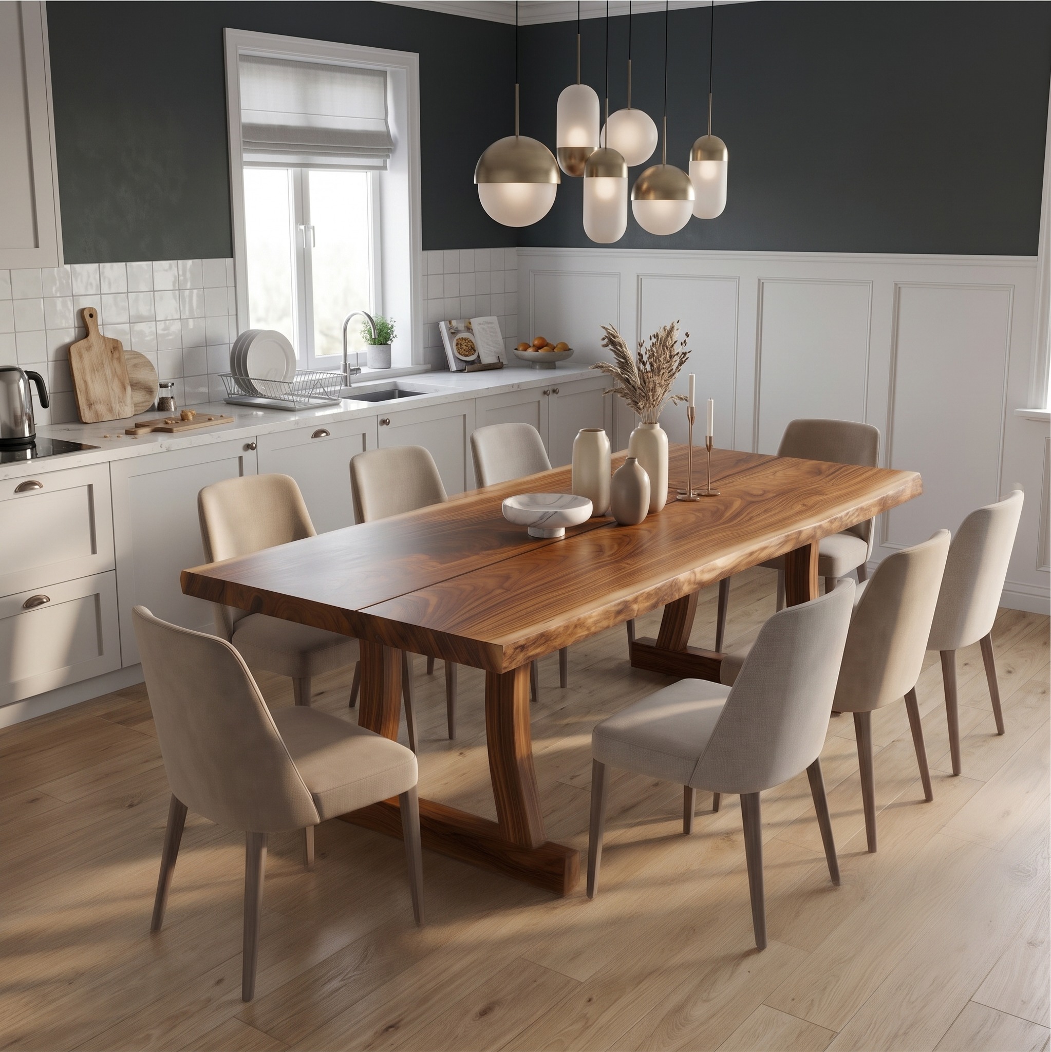 Contemporary Solid Wood Dining Table with Rounded Edge, Modern Kitchen Room Dinner Table
