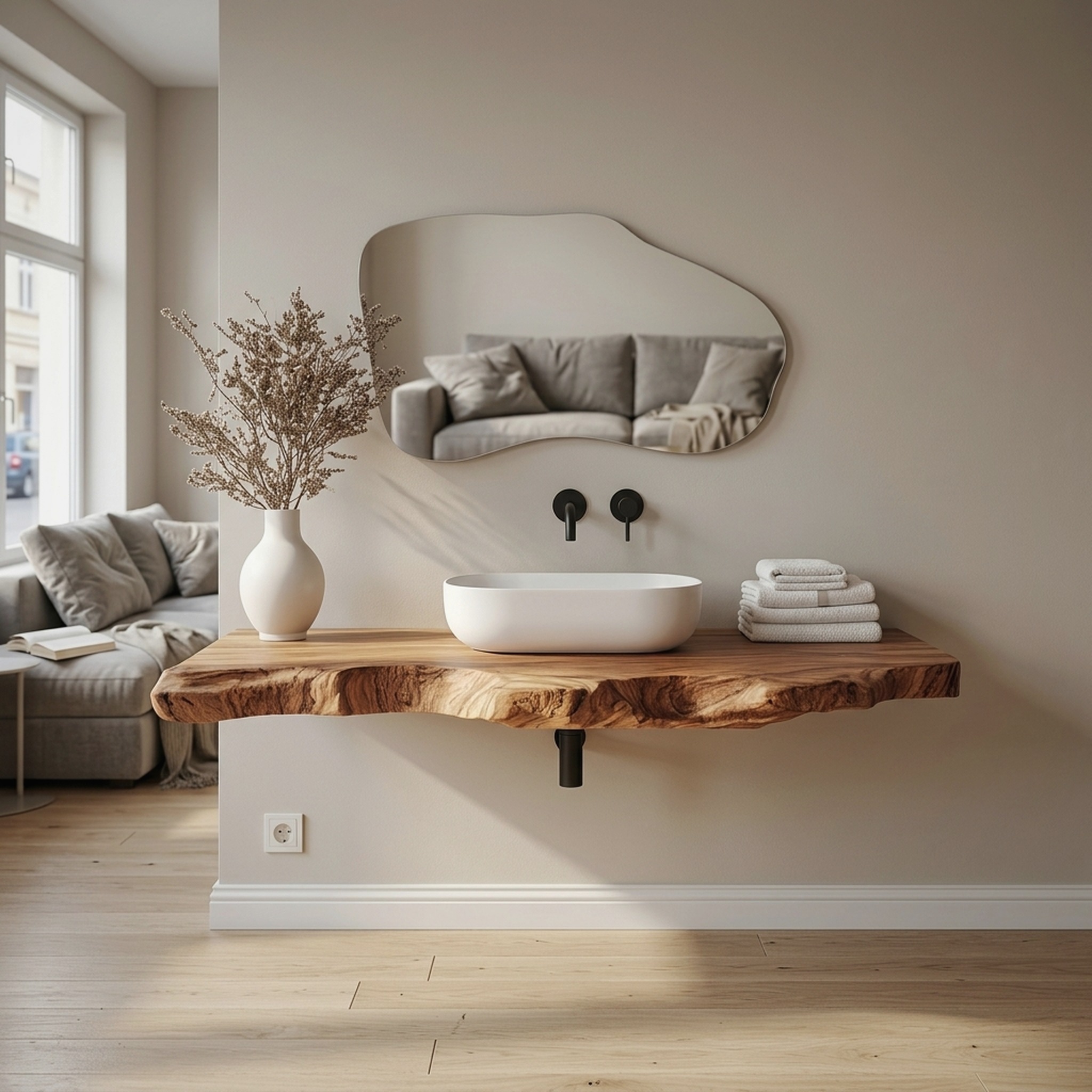 Contemporary Spa Bathroom Vanity Floating Live Edge Wood Counter