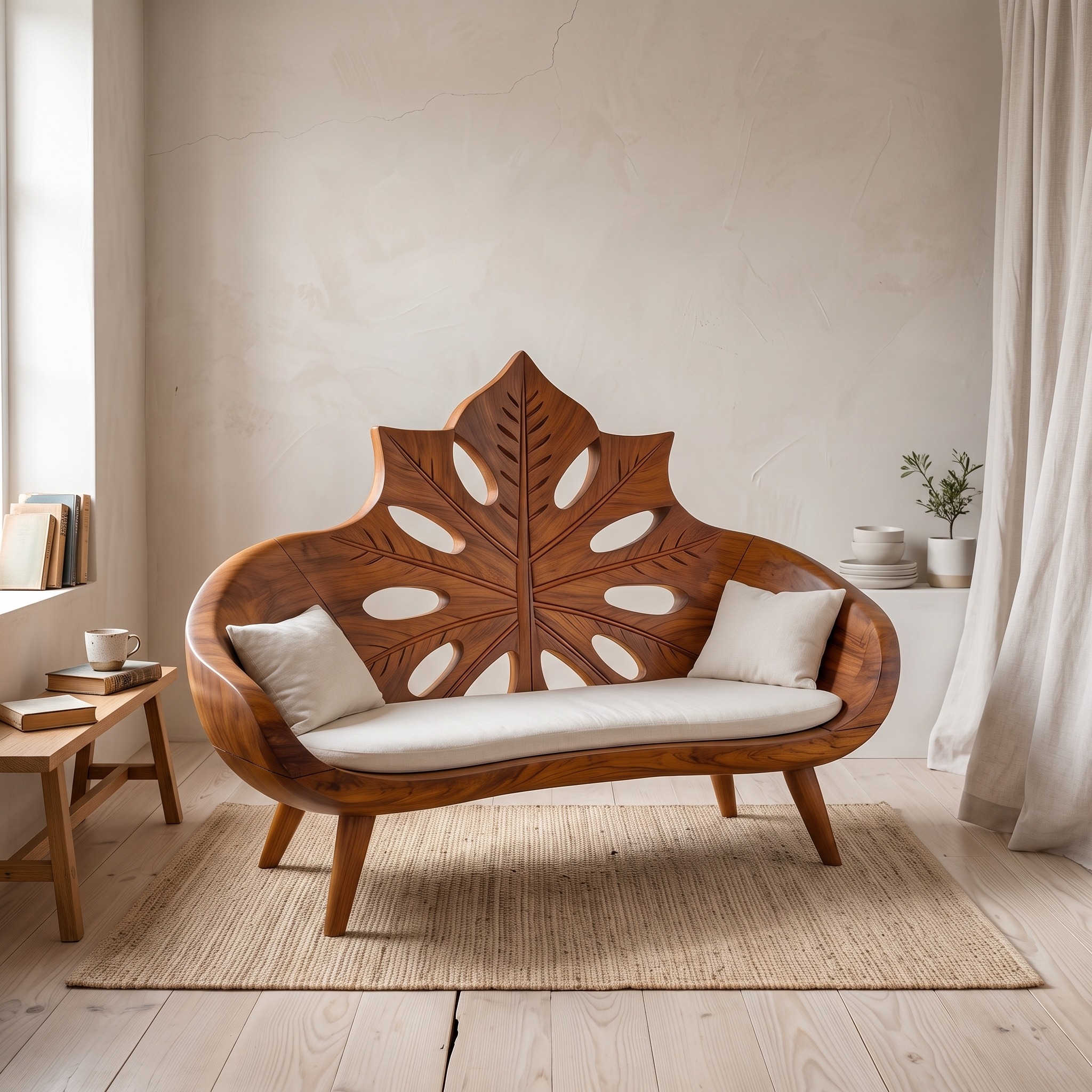 Contemporary Sunburst Leaf Backrest Bench, Solid Wood Indoor Lounge Seat, Entryway & Foyer Accent Bench