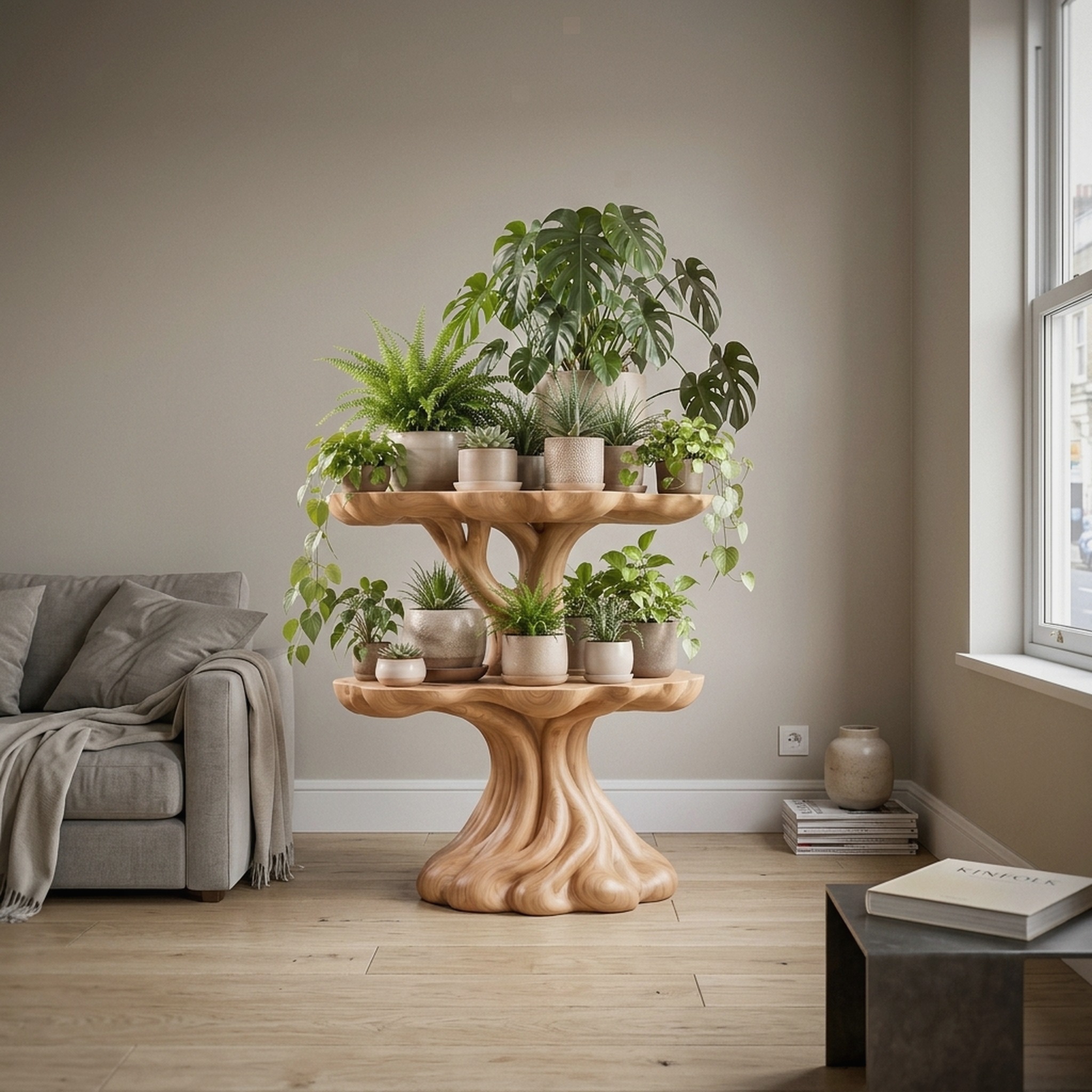 Contemporary Tiered Plant Shelf with Organic Branch Design for Living Room and Entryway