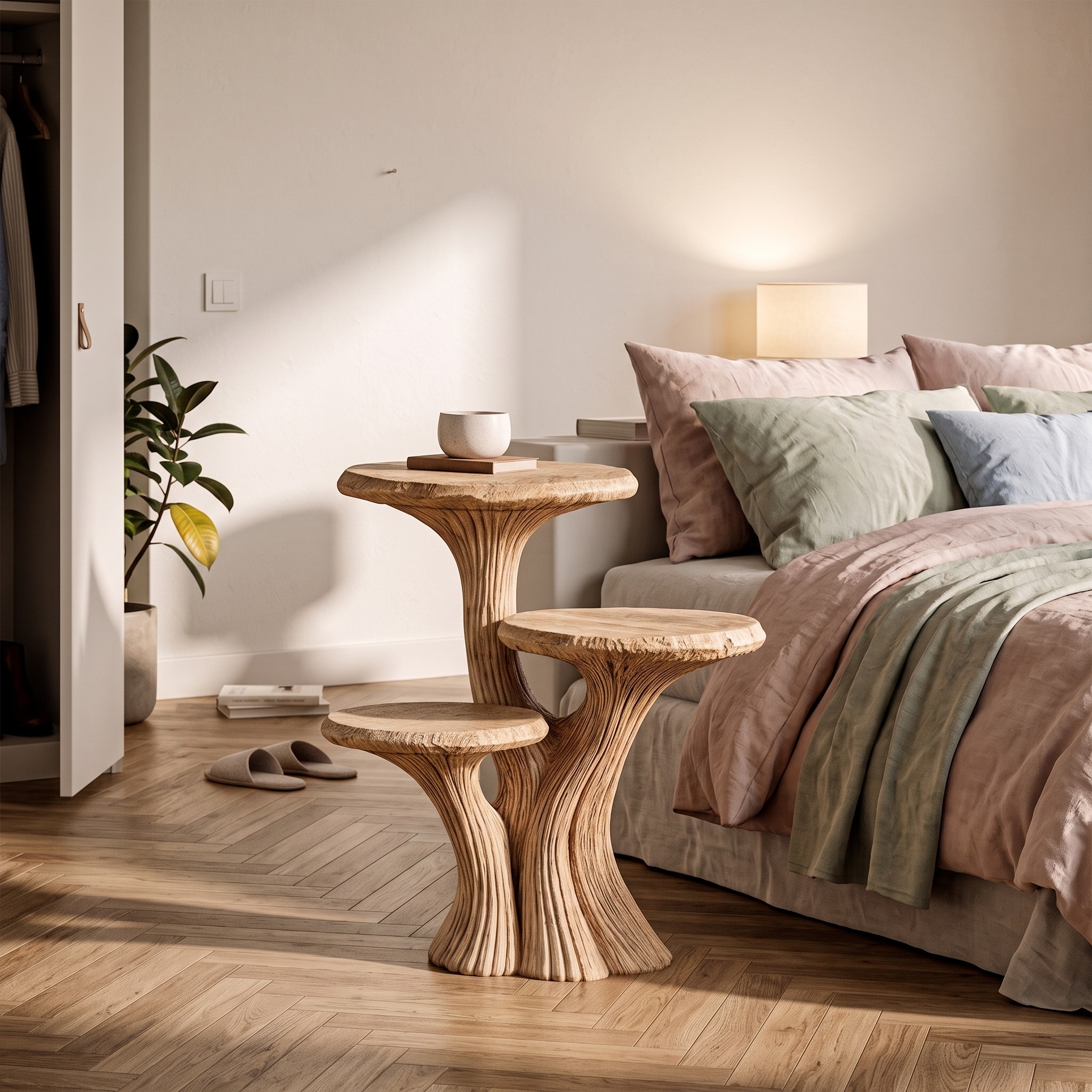 Contemporary Tiered Side Table, Sculptural Solid Wood End Table & Nightstand for Living Room