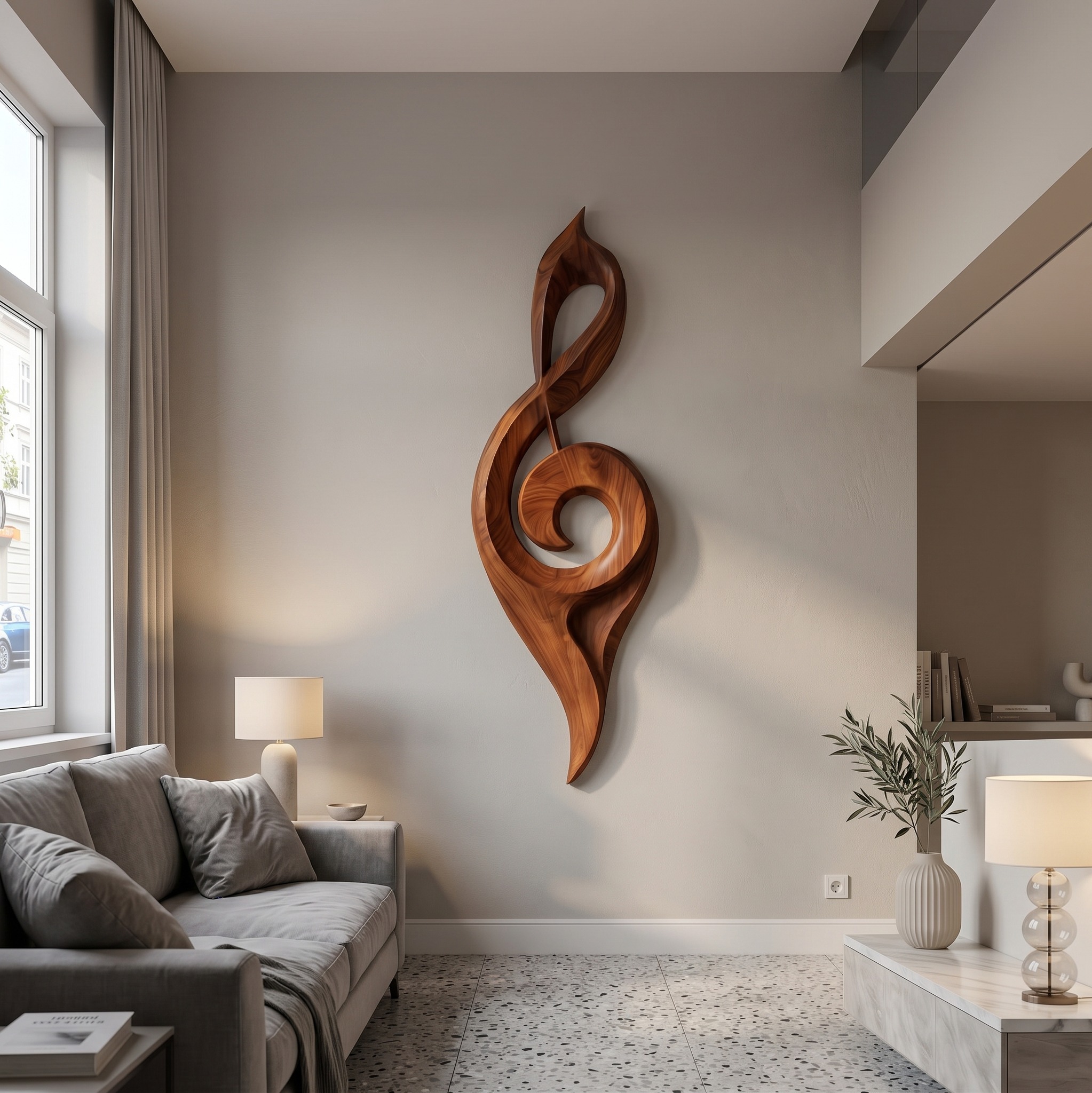 Contemporary Treble Clef Wall Sculpture, Handcrafted Wooden Music Note Wall Decor with Soft Organic Curves for Home