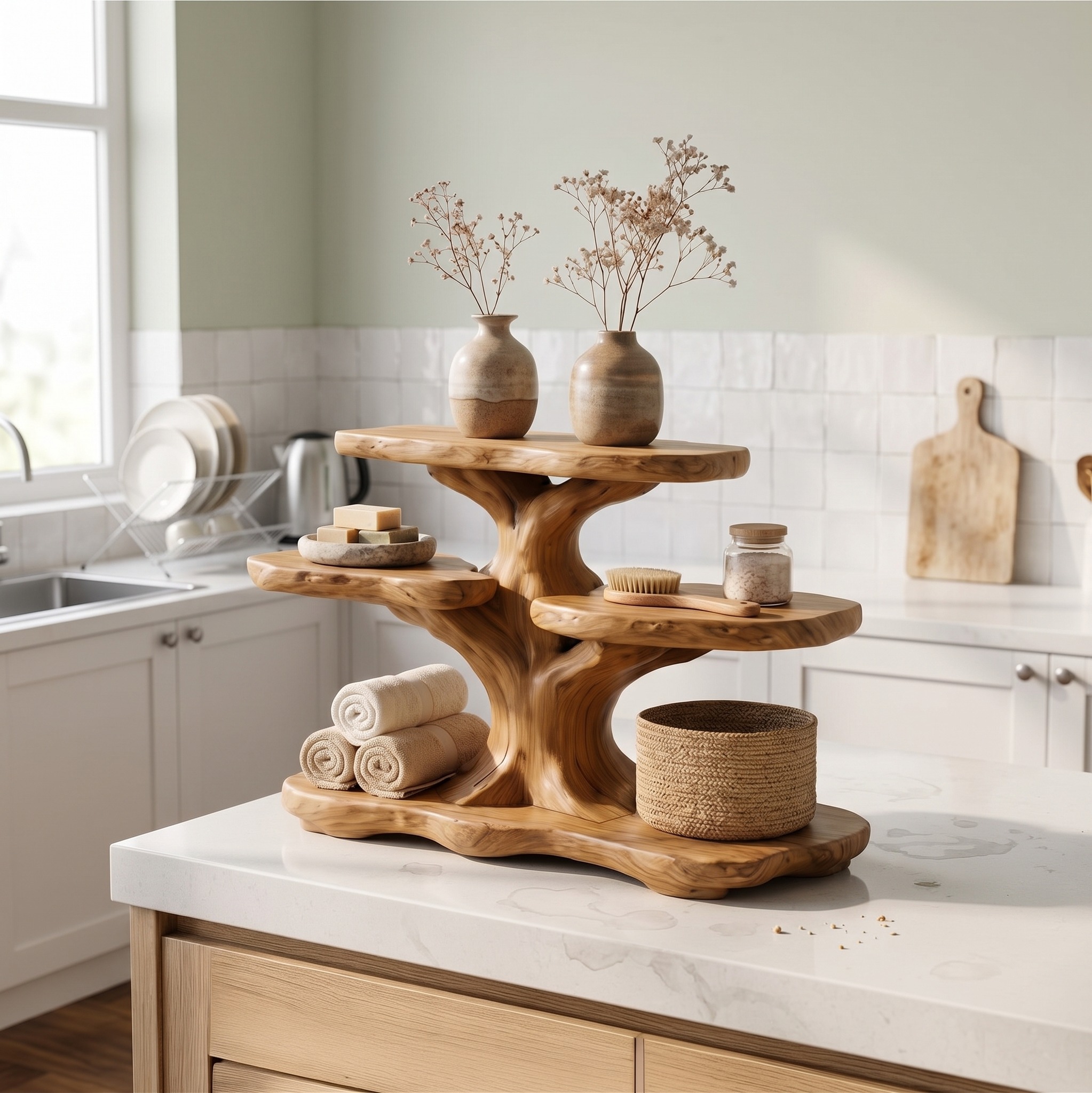 Contemporary Tree Bathroom Organizer with Floating Wood Shelves, Decorative Wall Storage