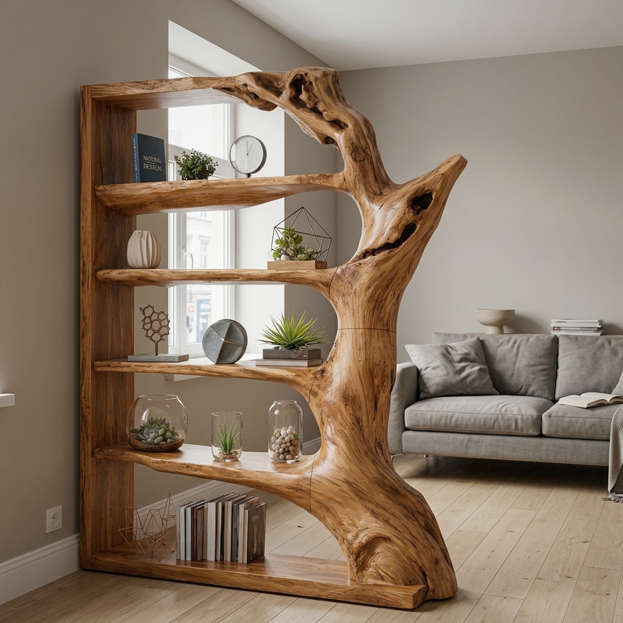 Contemporary Tree Bookshelf, Artistic Solid Wood Branch Book Display Rack Organizer, Modern Decorative Bookcase for Living Room