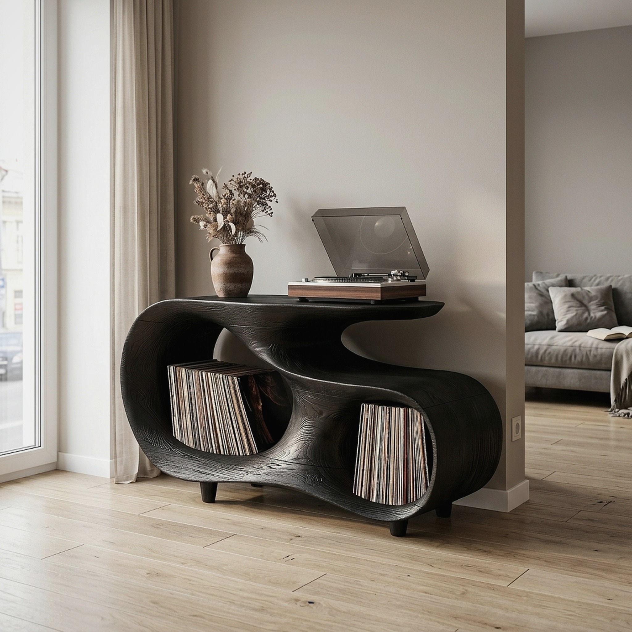 Contemporary Turntable Stand with Flowing Open Frame Design for Entryway