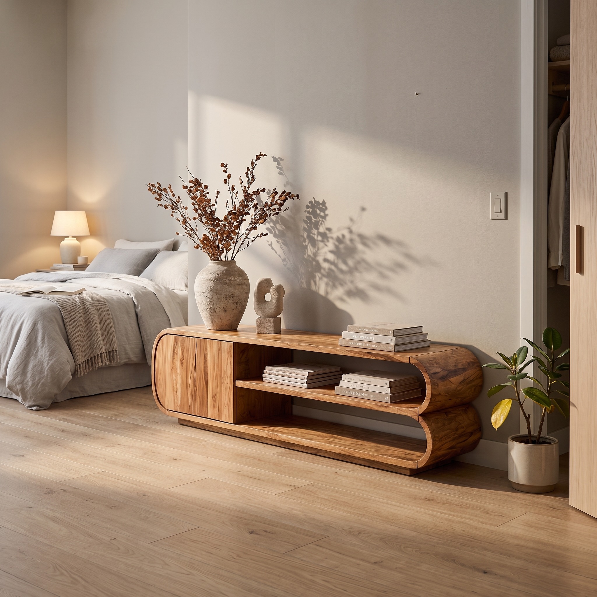Contemporary TV Cabinet, Minimalist Open Storage Media Console, Solid Wood Low Profile Living Room TV Stand
