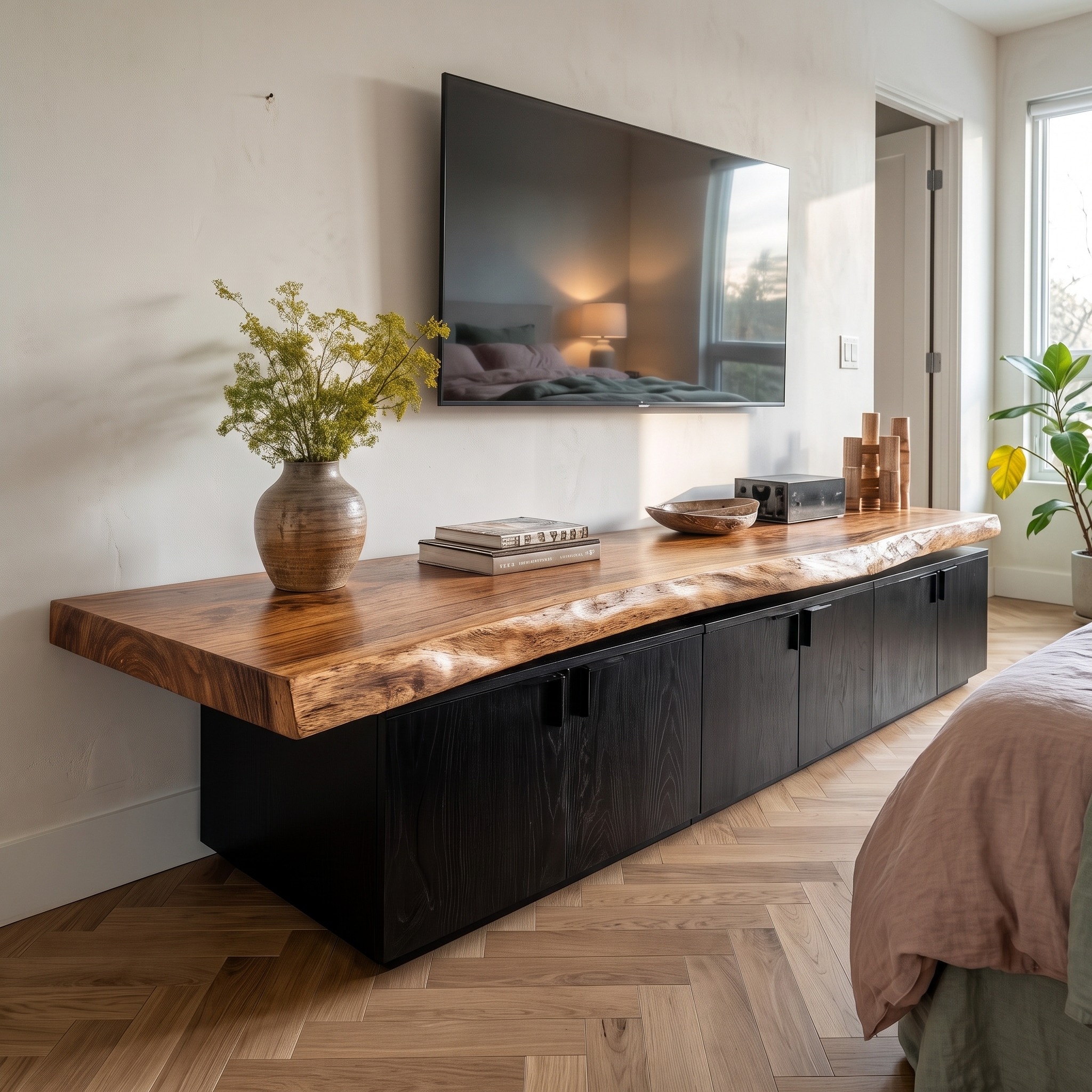 Contemporary TV Cabinet, Solid Wood Media Console Credenza with Multi-Storage for Living Room