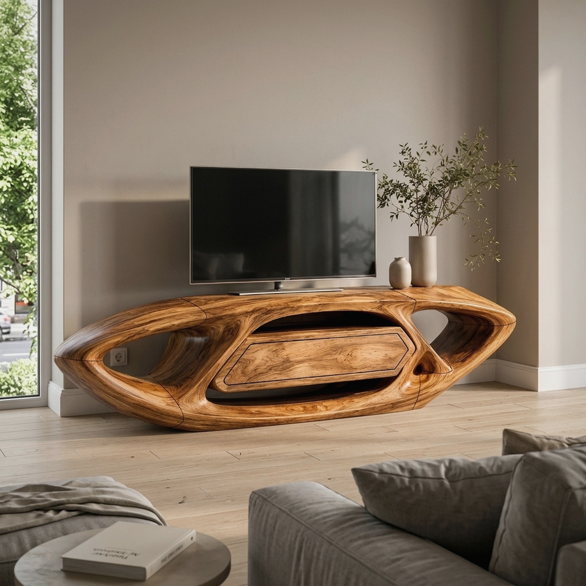 Contemporary TV Cabinet with Sculptural Oval Frame and Open Storage for Living Room