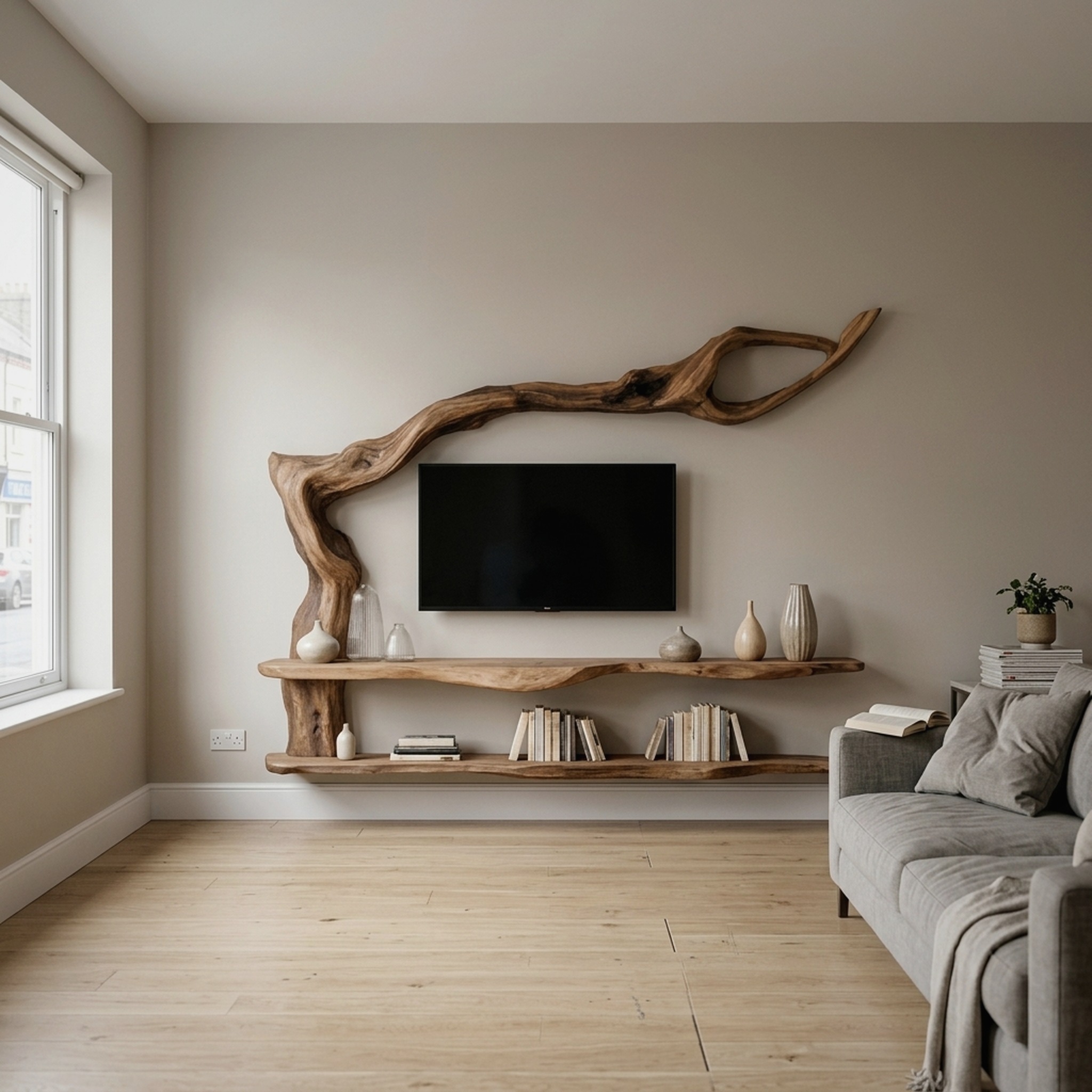 Contemporary TV Cabinet with Sculptural Tree Inspired Base for Living Room