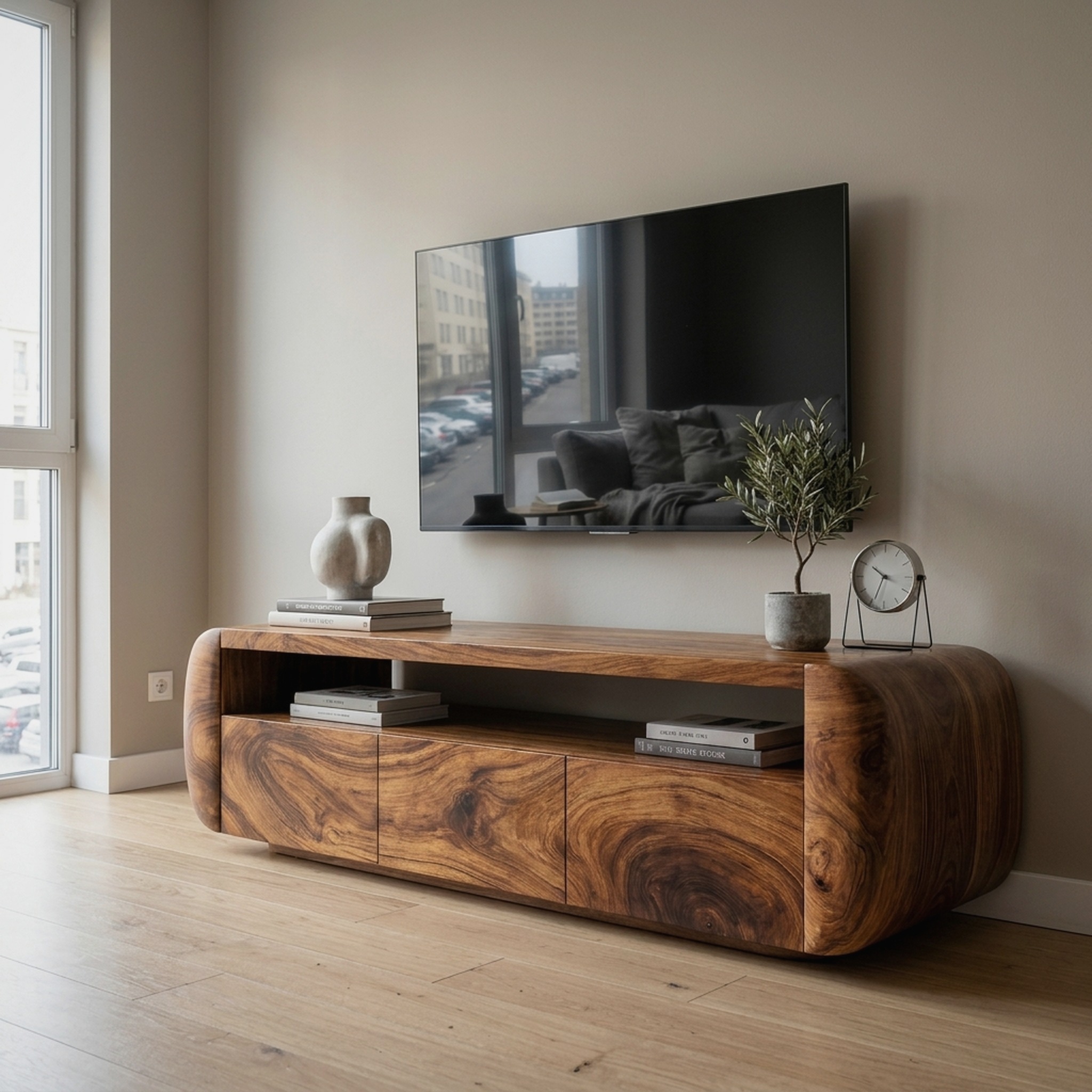 Contemporary TV Cabinet with Sculptural Wood Form for Living Room and Family Room