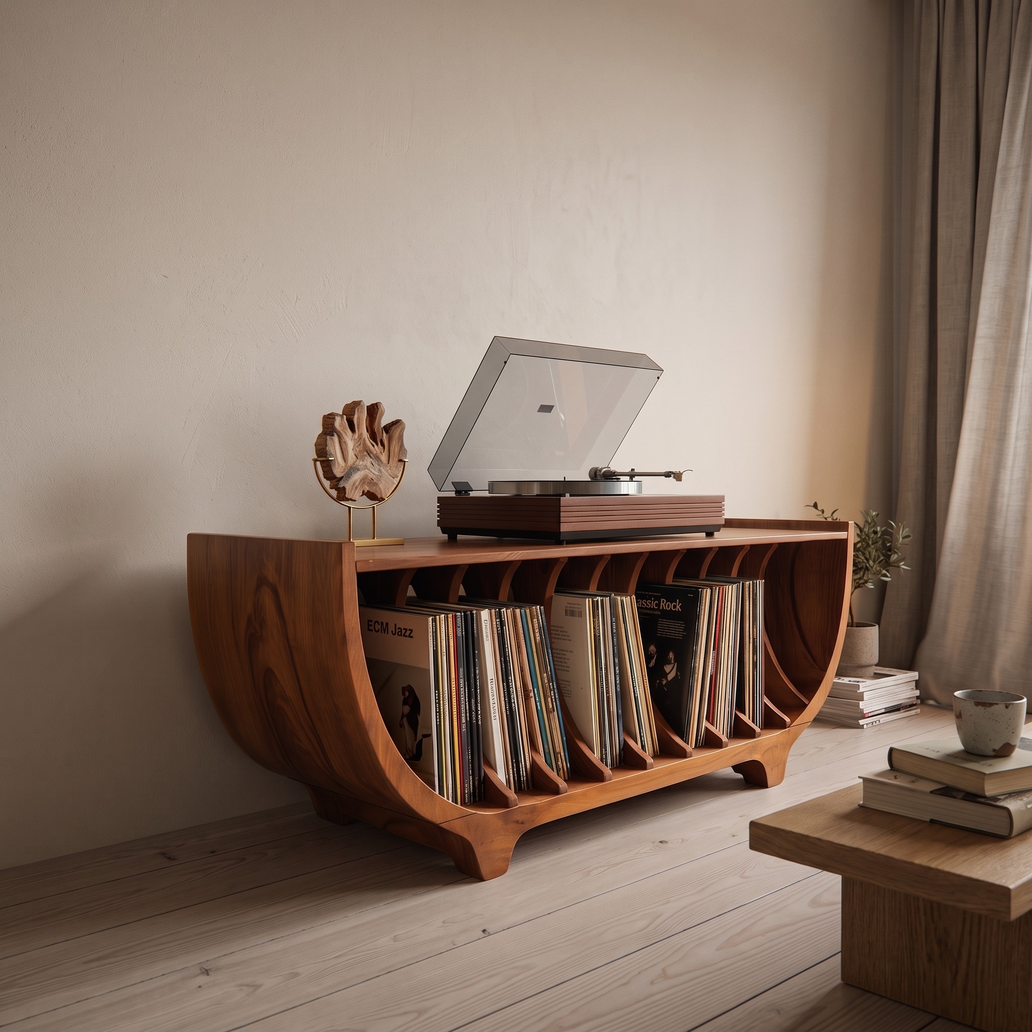 Contemporary Vinyl Storage Stand, Solid Wood LP Record Organizer Table for Apartment Living Room Space