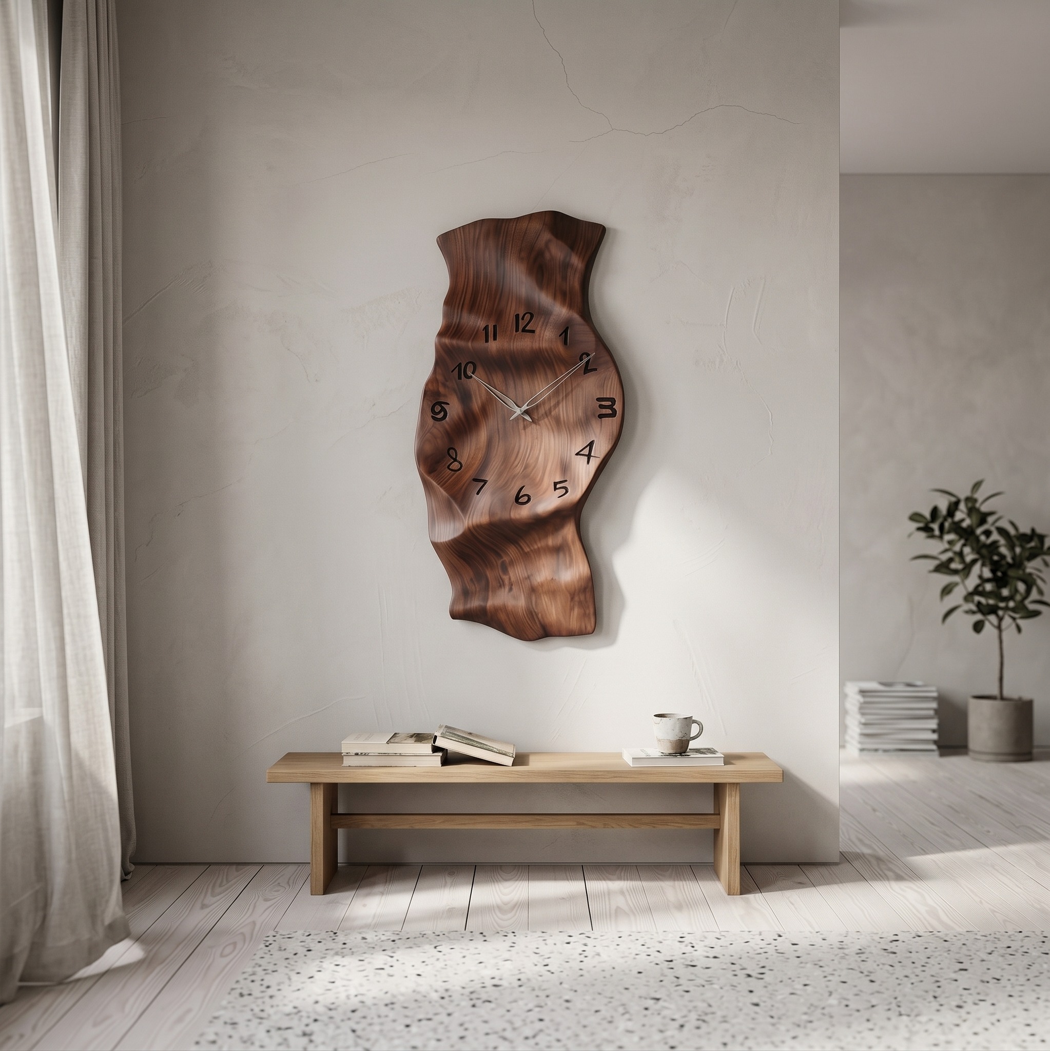 Contemporary Wall Clock, Unique Vertical Abstract Wooden Clock for Living Room & Hallway Interior Wall Decor