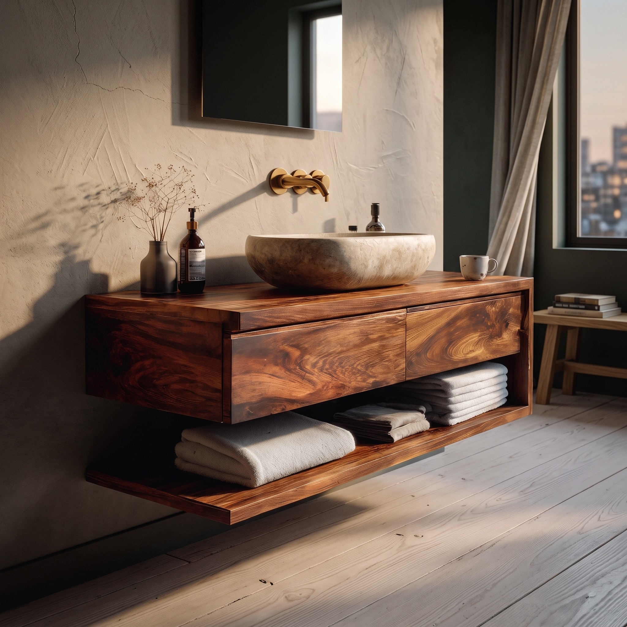 Contemporary Wall-Mounted Wood Bathroom Vanity, Floating Solid Wood Single Vanity Cabinet for Restroom Storage