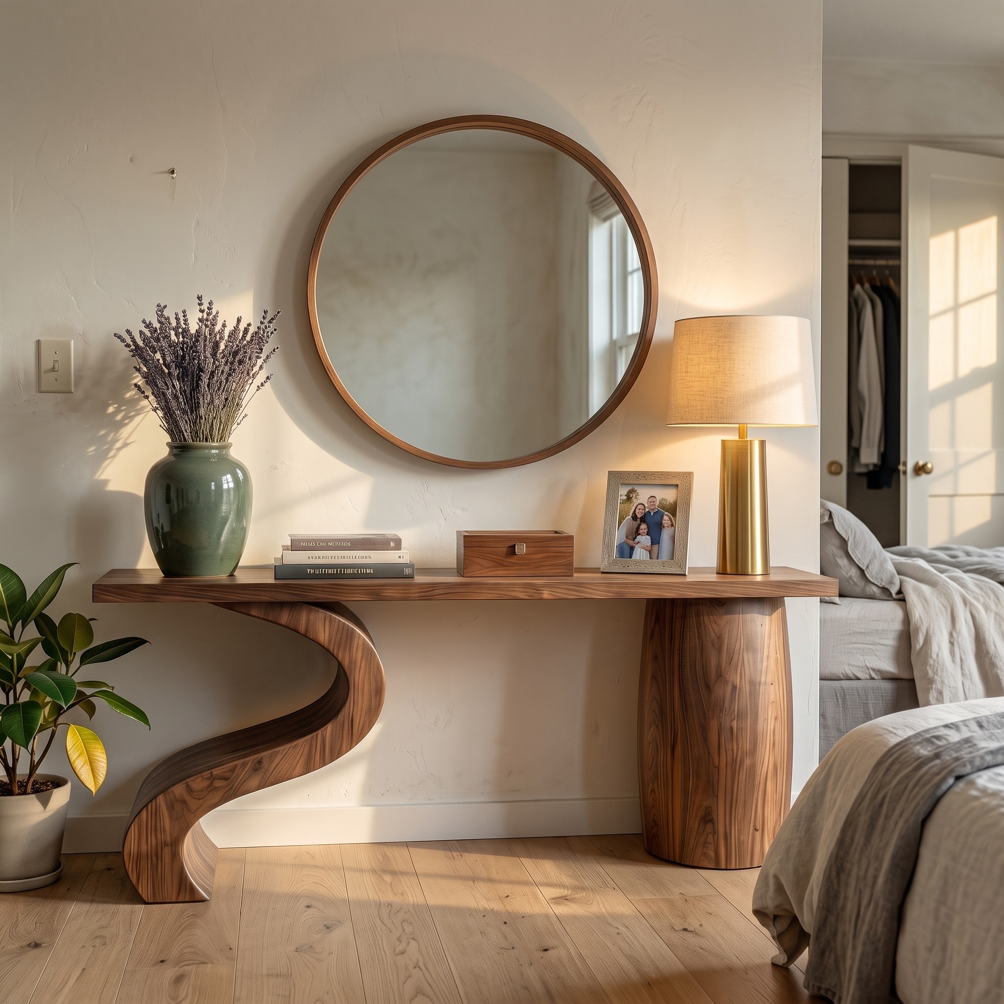 Contemporary Wave Base Wood Console Table, Sculptural Entryway, Hallway & Sofa Back Table