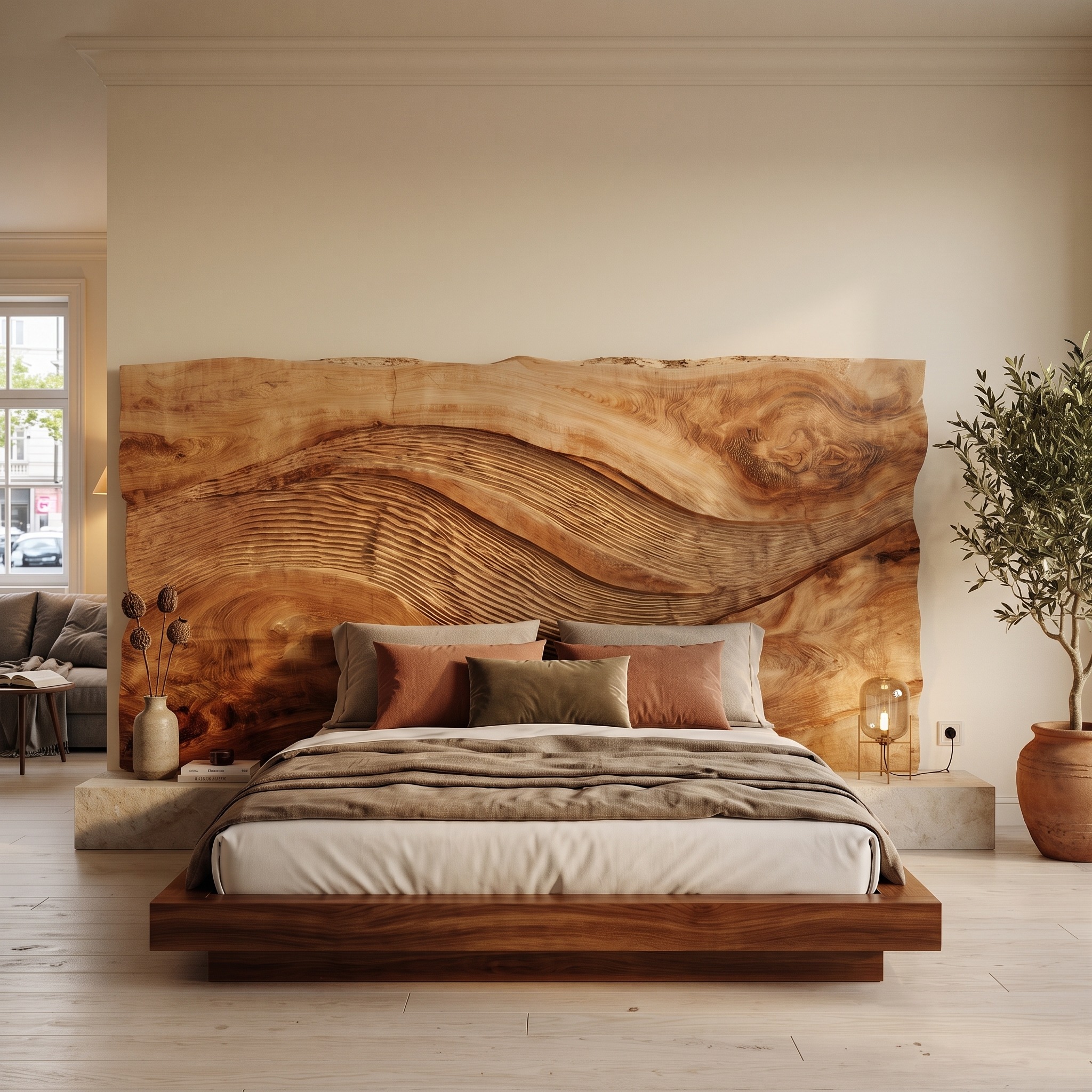 Contemporary Wave Carved Wood Headboard, Handcrafted Textured 3D Bed Headboard Panel for Queen & King Size Beds