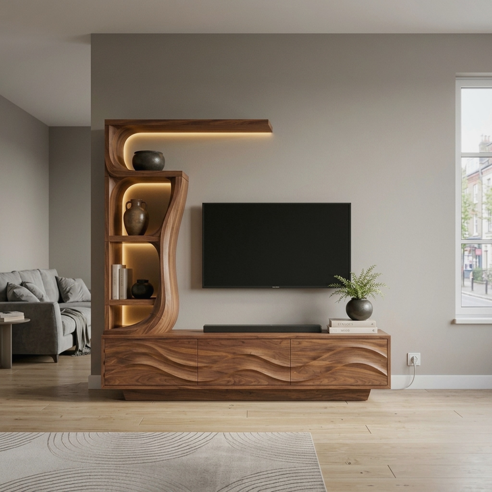Contemporary Wave Carved Wooden TV Stand with Shelf for Living Room