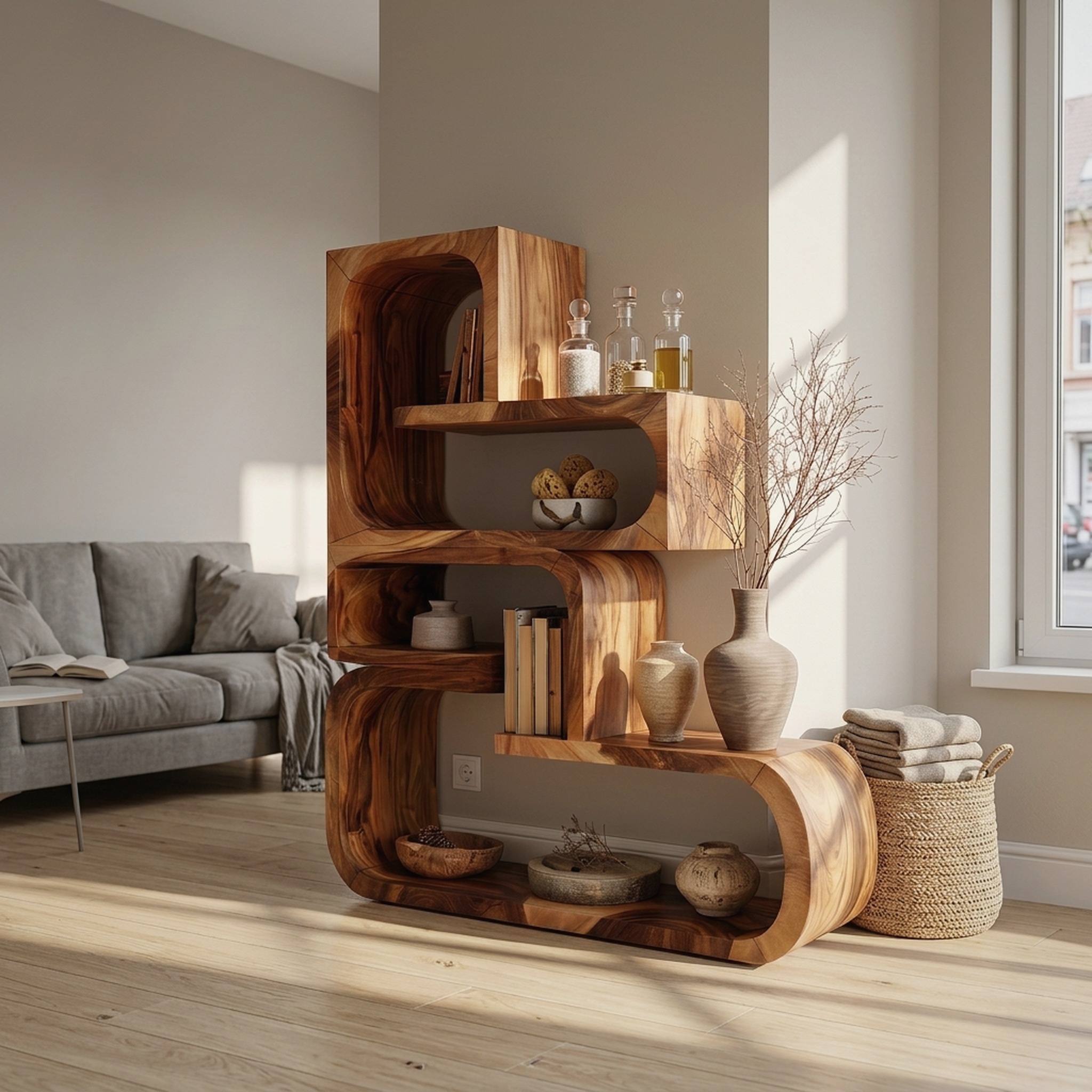 Contemporary Wave Edge Wooden Bookcase in Natural Finish