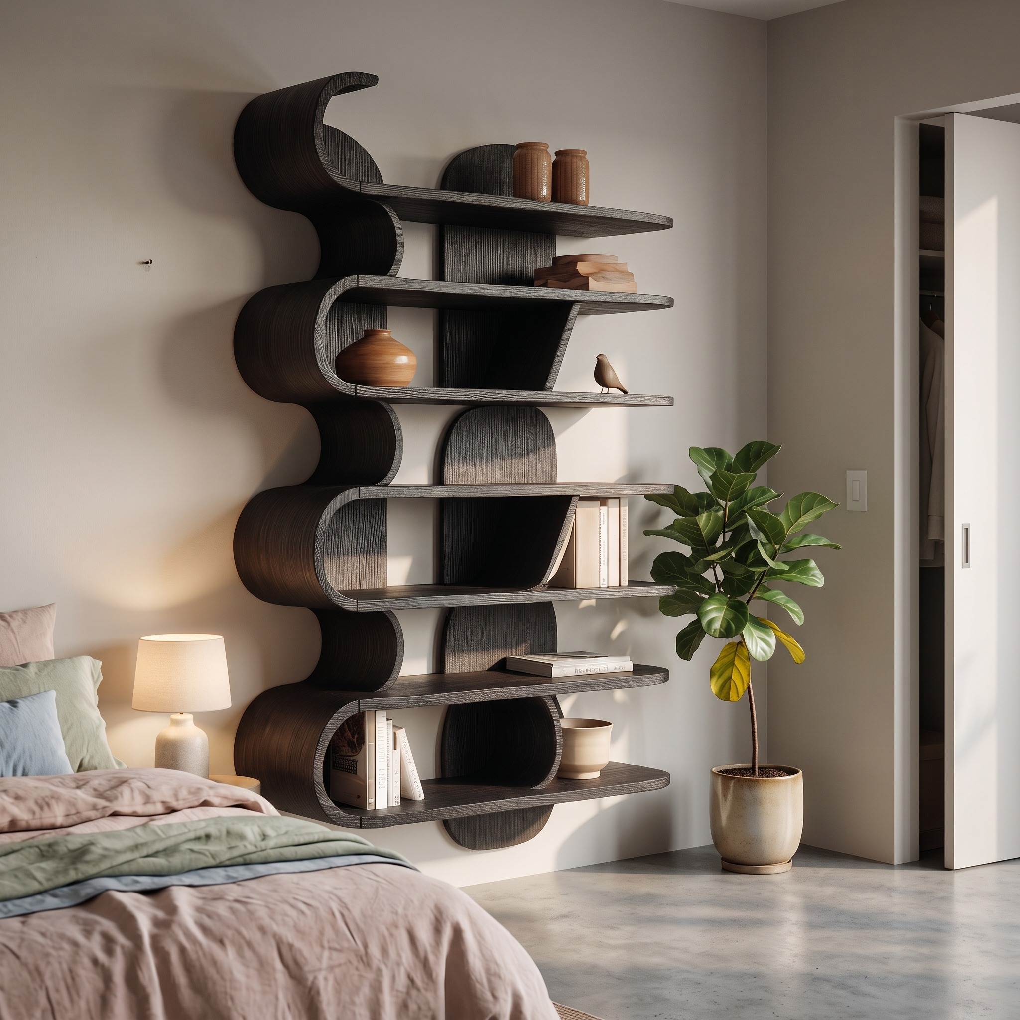 Contemporary Wave Wall Mounted Shelf, Floating Solid Wood Display Ledge for Bedroom & Living Room
