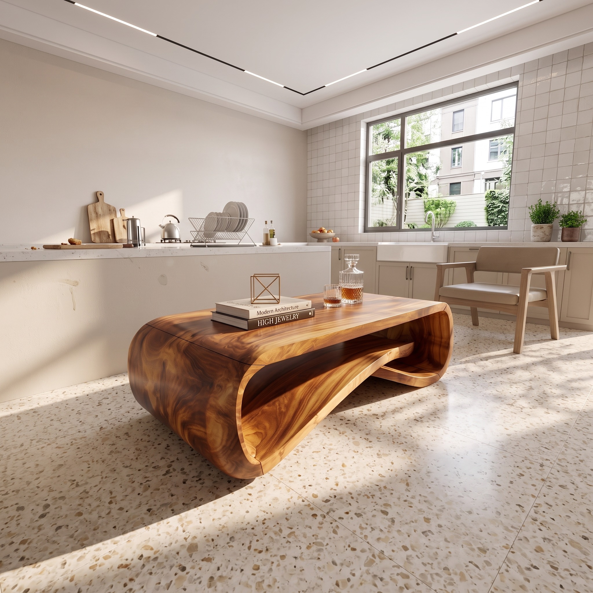 Contemporary Wave Wood Coffee Table, Sculptural Solid Wood Center Table for Modern Living Room and Lounge