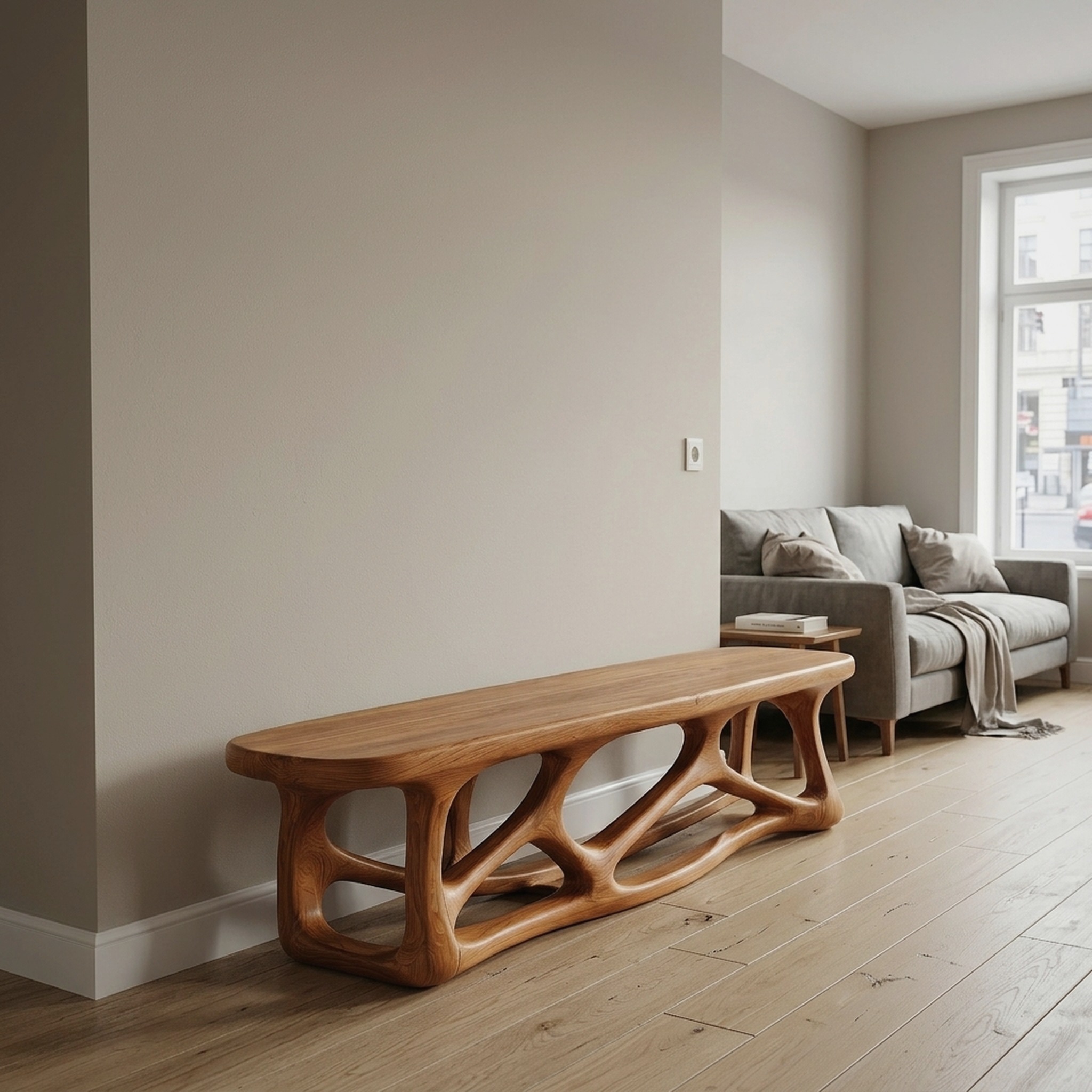 Contemporary Wood Bench with Flowing Organic Design for Hallway and Entryway
