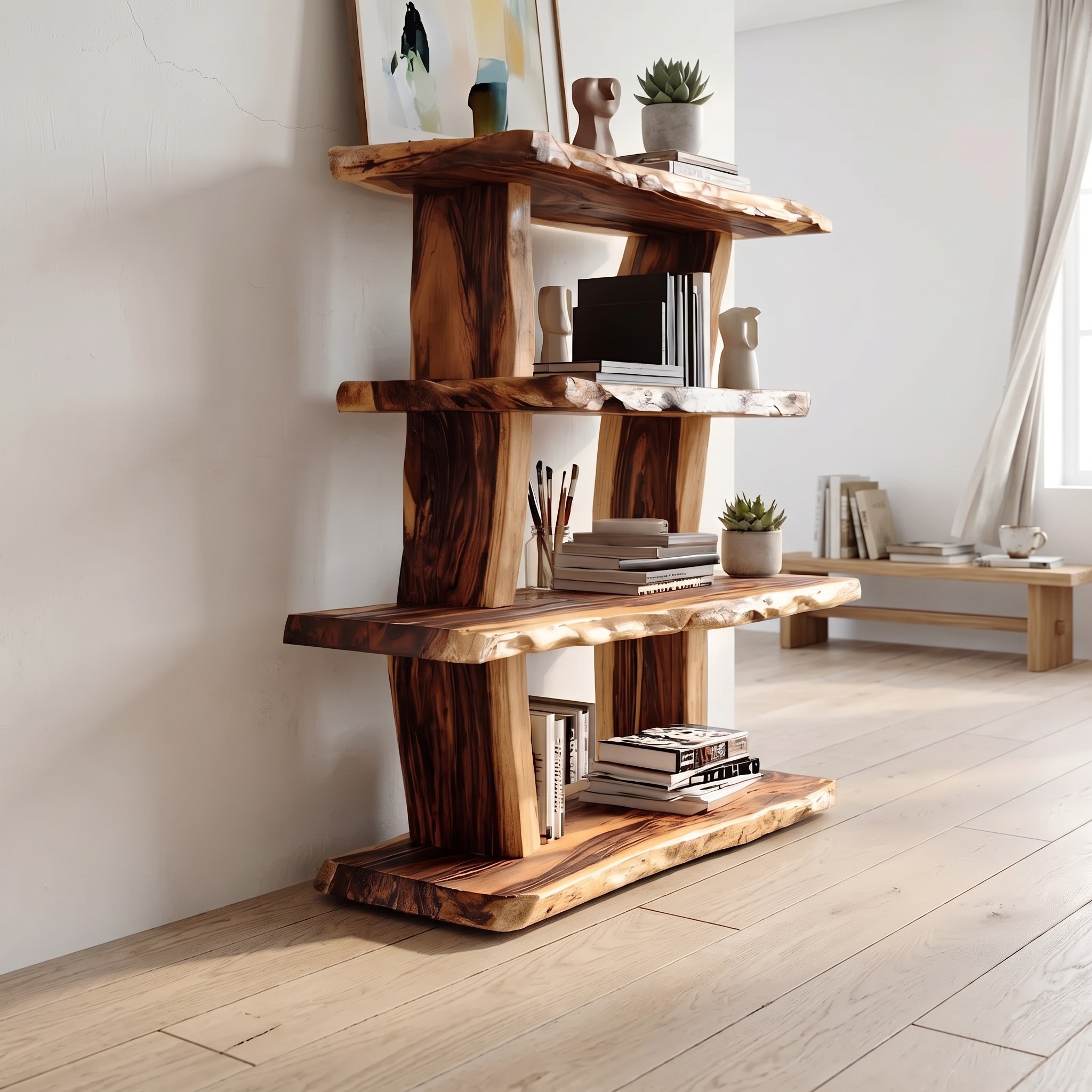 Contemporary Wood Bookshelf, Handcrafted Solid Wood Display Shelf & Storage Rack for Living Room