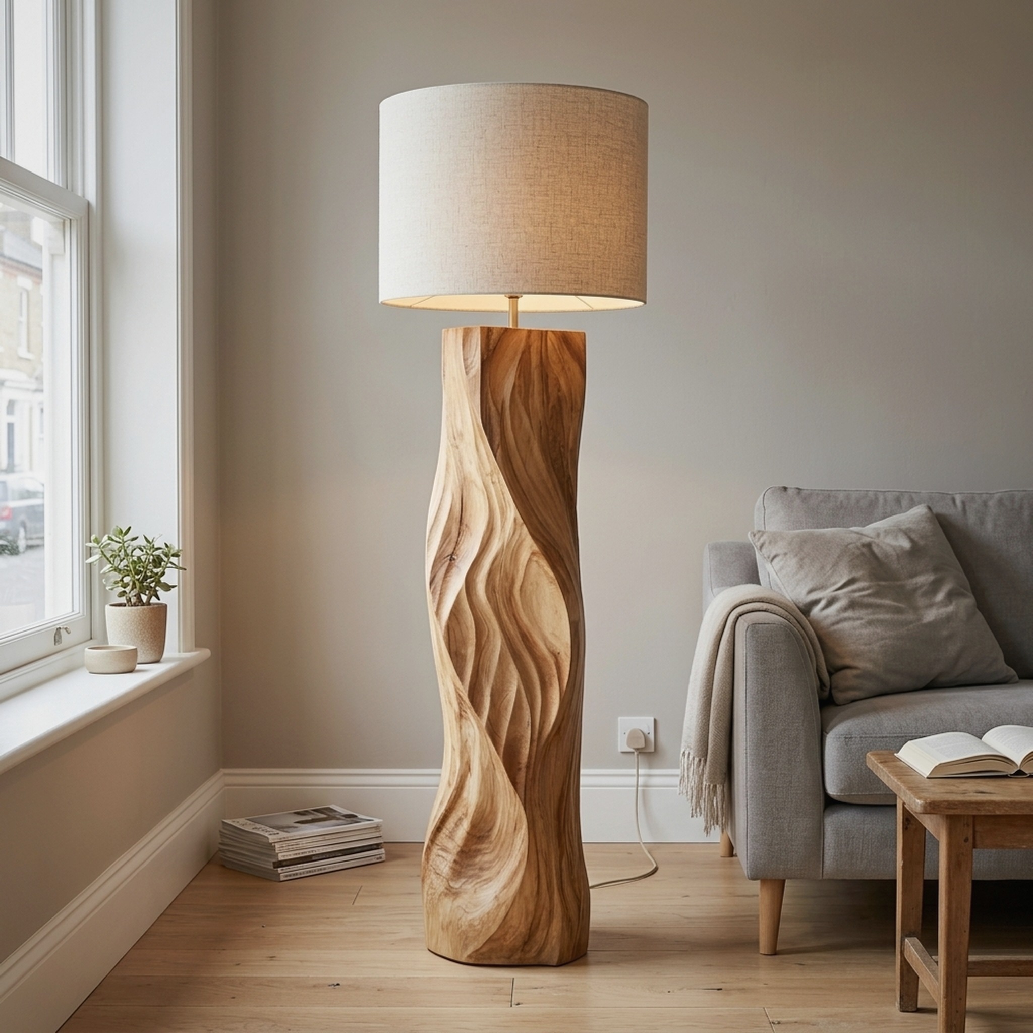 Contemporary Wood Floor Lamp Sculptural Design for Home Lobby
