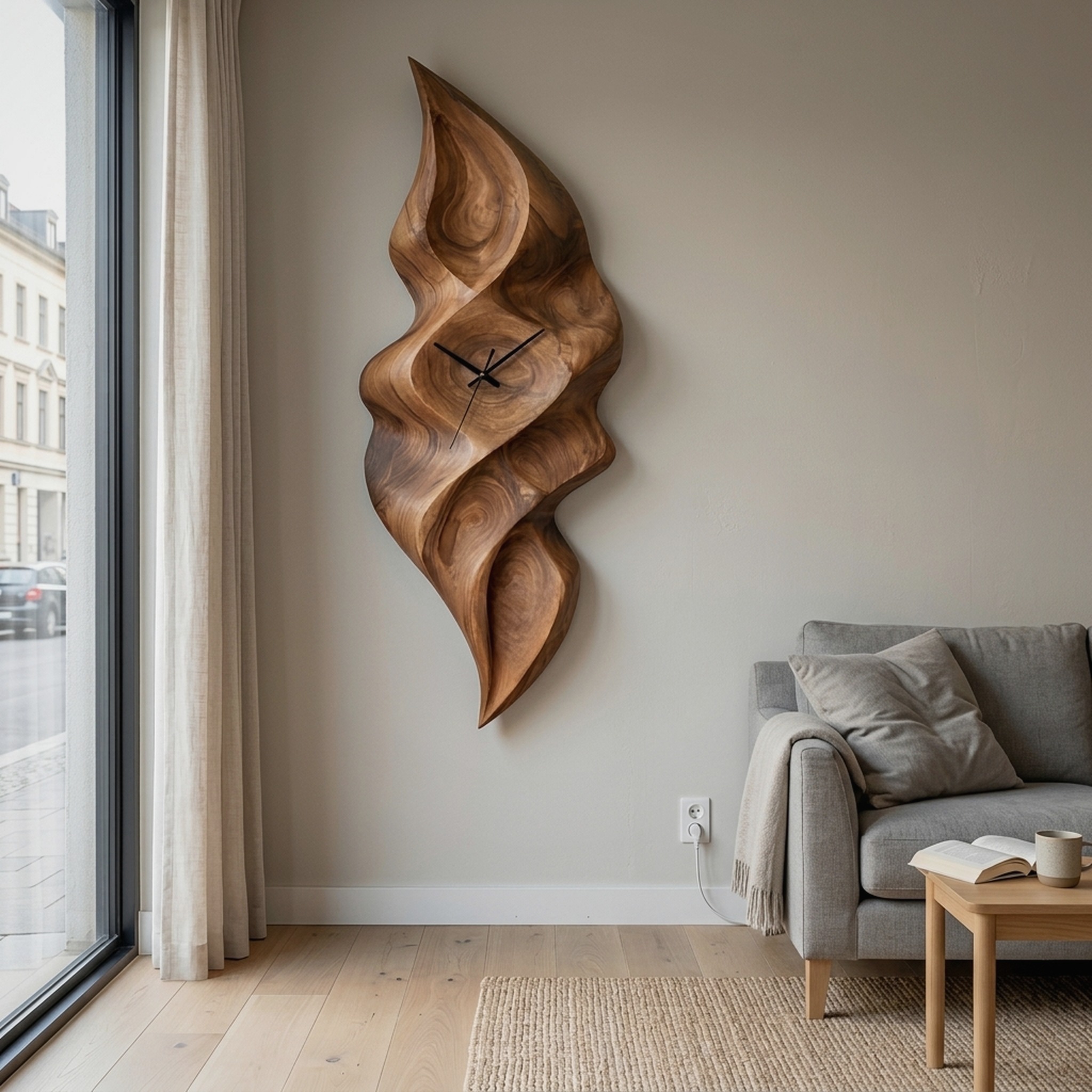 Contemporary Wood Wall Clock with Wave Sculpture for Minimalist Bedroom
