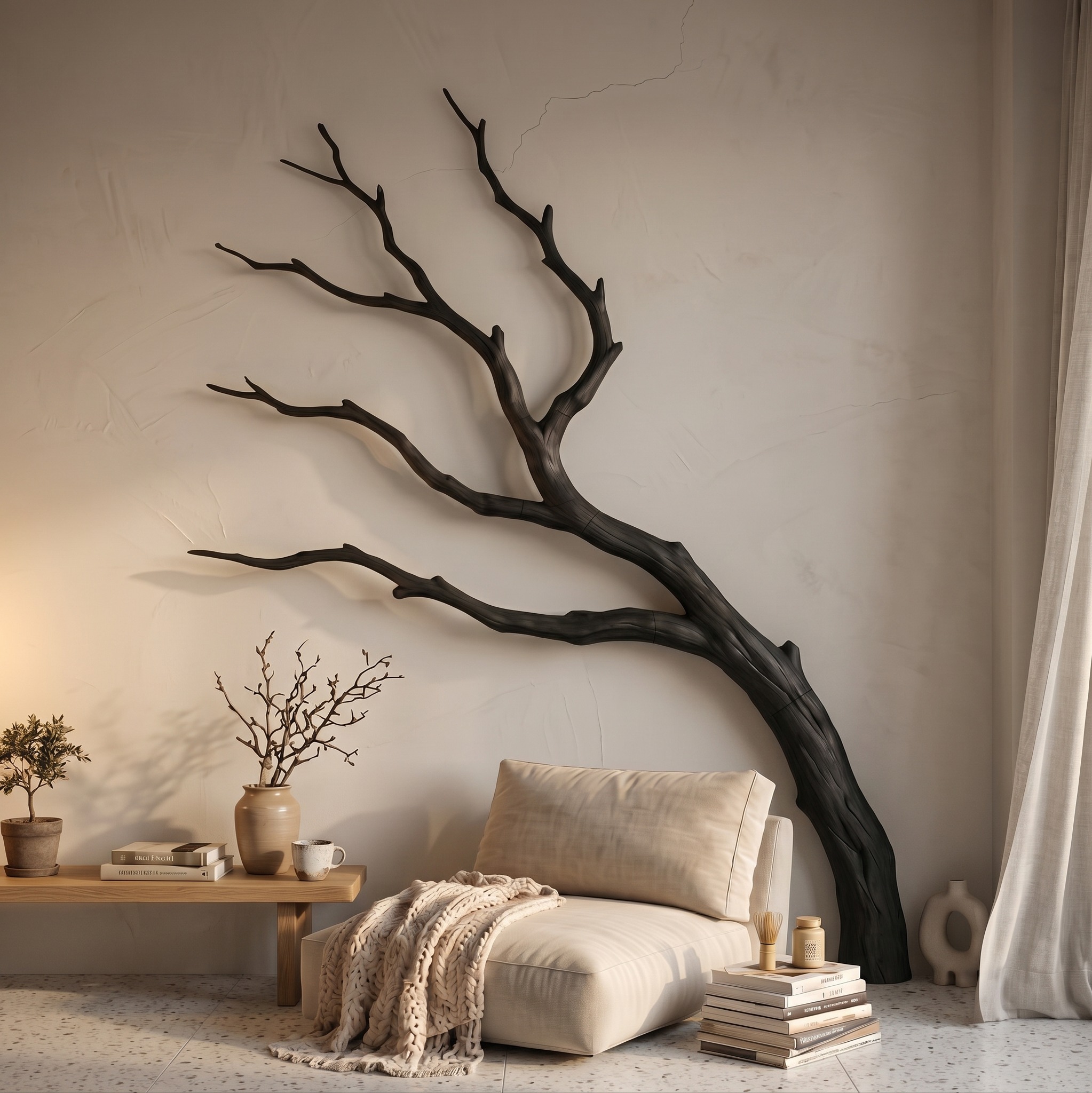 Contemporary Wood Wall Decor, Natural Tree Branch Form Hanging Sculpture for Living Room
