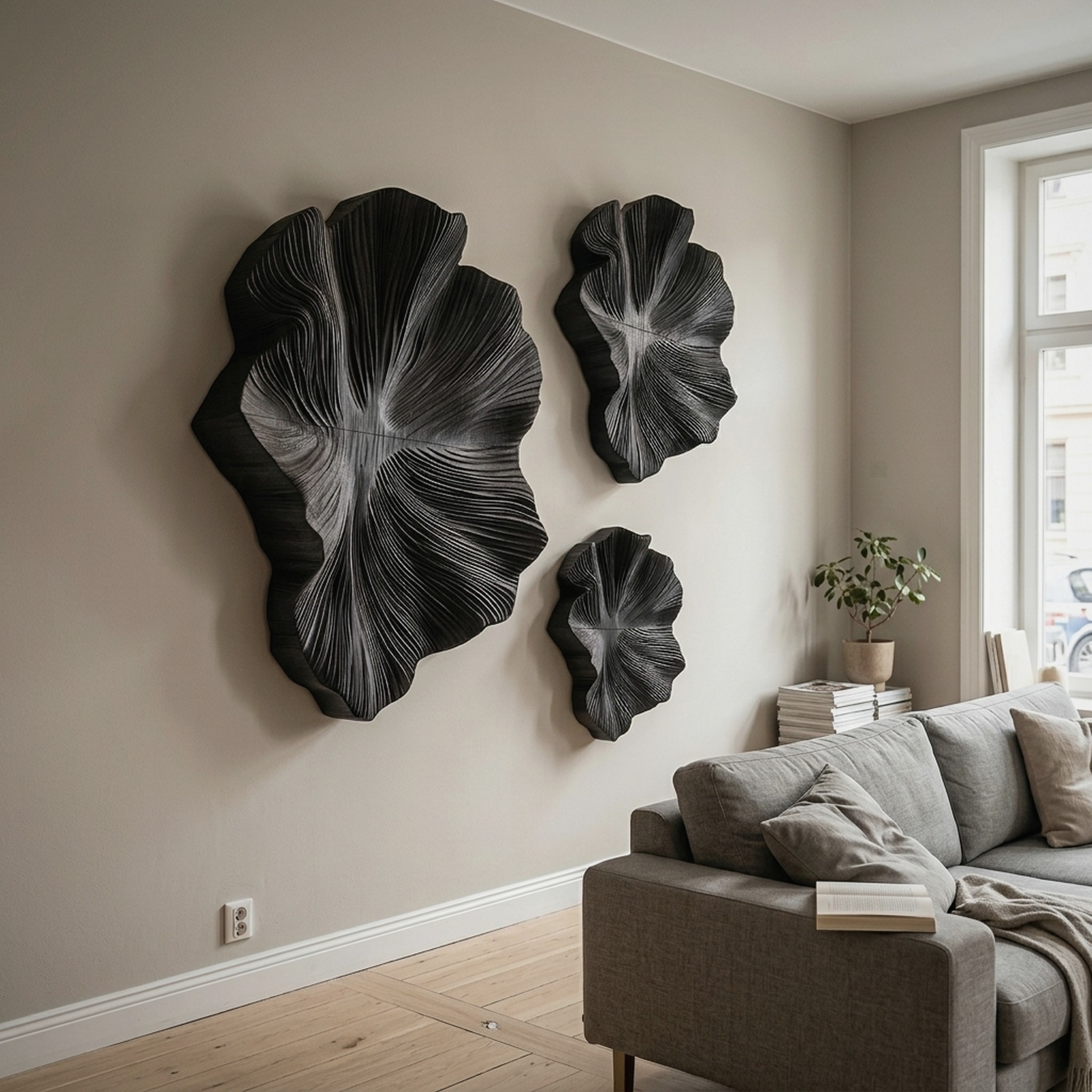 Contemporary Wood Wall Sculpture with Botanical Relief Design for Living Room and Hallway